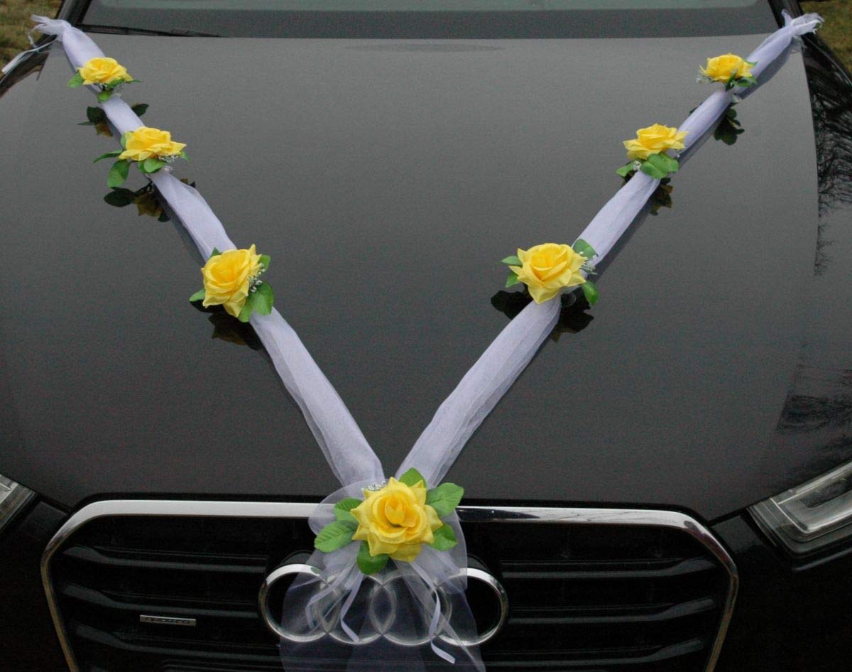 Elegant Organza M Car Jewelry - Bridal Couple Rose Decor for Wedding Cars (Yellow/White) - Perfect for Wedding Day Decorations & Romantic Getaways