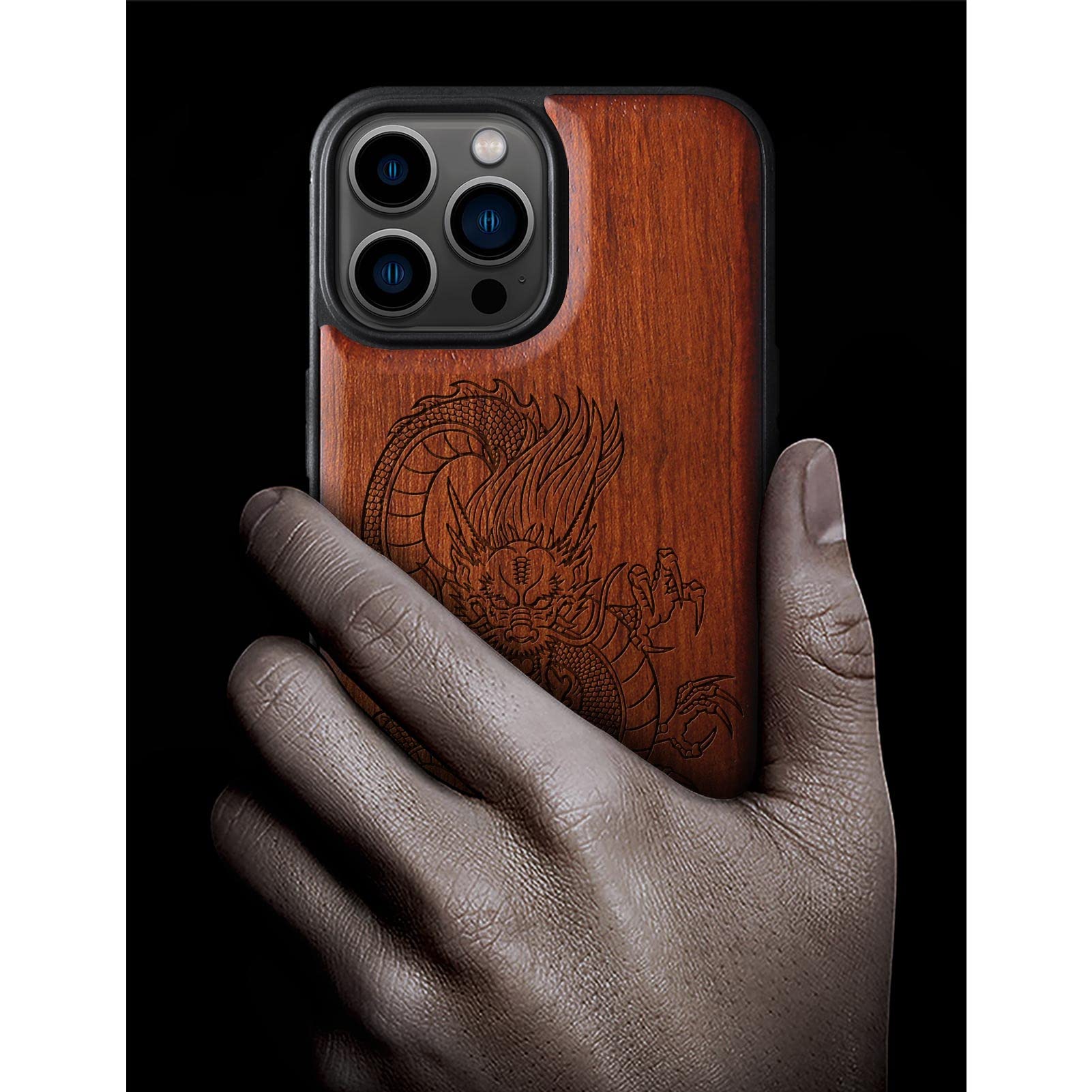 Premium Magnetic Wooden Case for iPhone 13 Pro - Hard Real Wood & Soft TPU Hybrid Shockproof Cover with MagSafe Compatibility - Chinese Dragon Carved Red Wood Protective Phone Case - Perfect for Business, Travel and Everyday Use