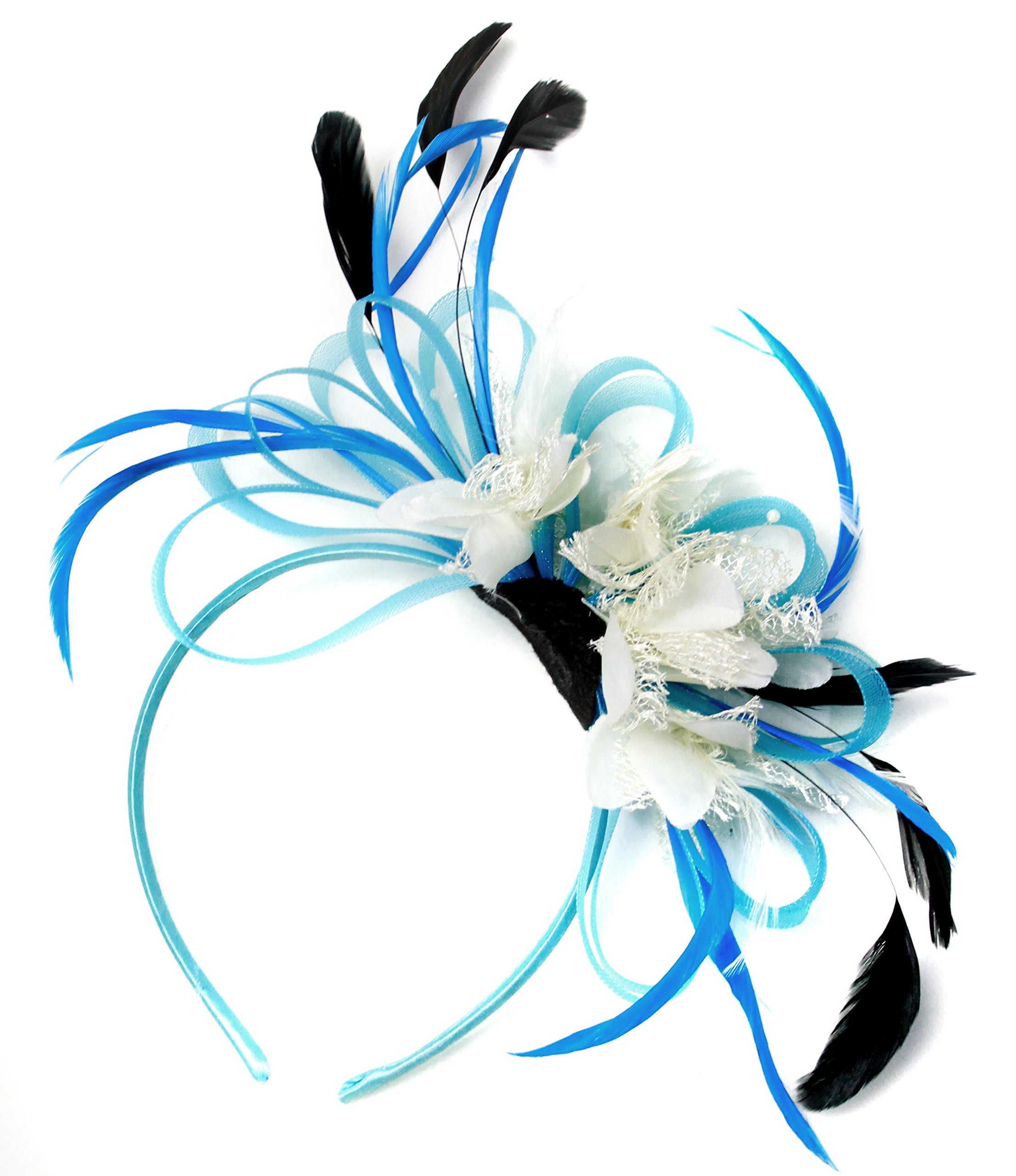 Aqua Cornflower Blue and Cream Net Hoop Feather Hair Fascinator Headband - Elegant Wedding Accessory for Brides, Royal Ascot Races, Tea Parties & Special Occasions