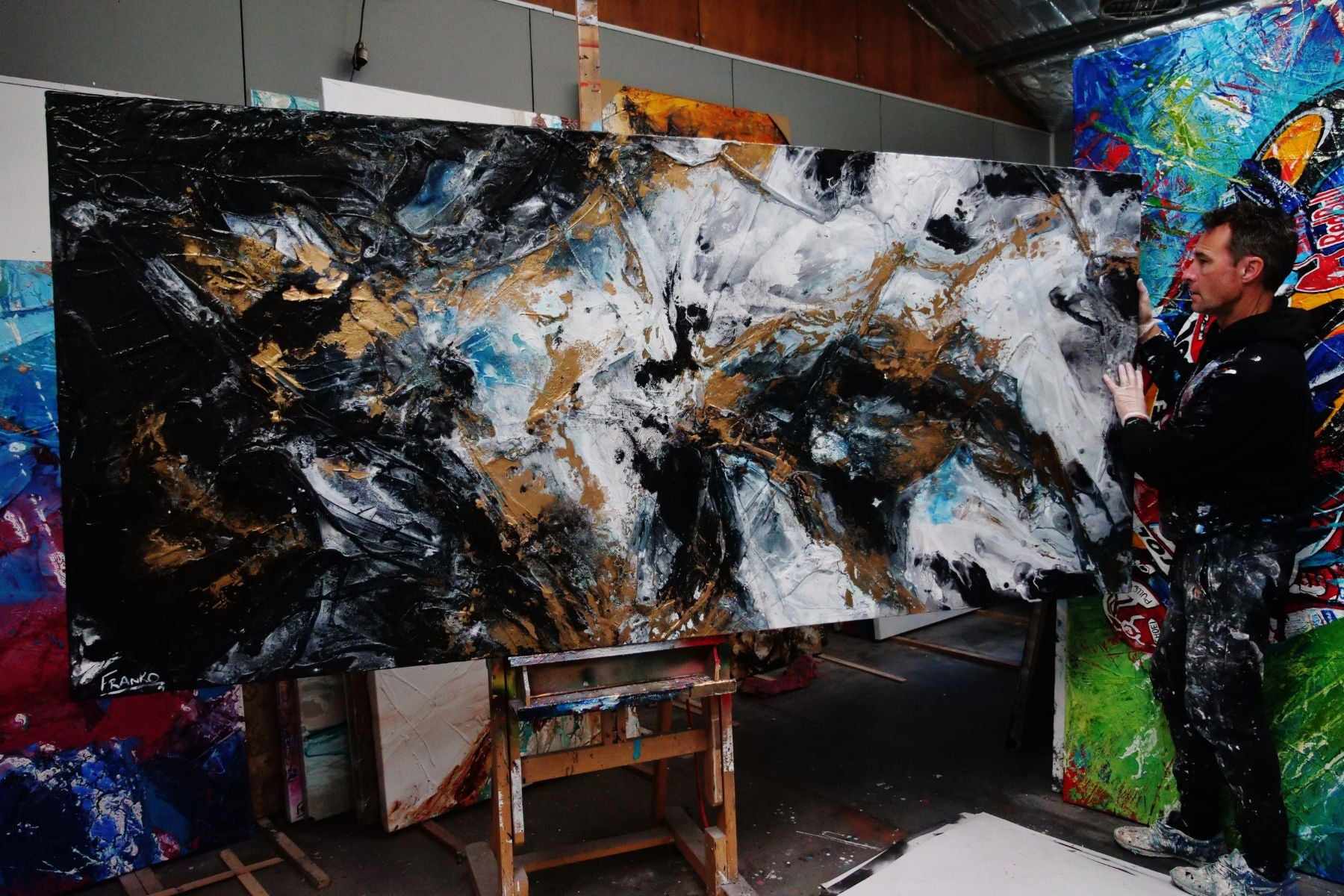 Peppered Satin 270cm x 120cm Black Gold Grey Blue Textured Abstract Canvas Wall Art - Modern Home Decor for Living Room, Bedroom & Office