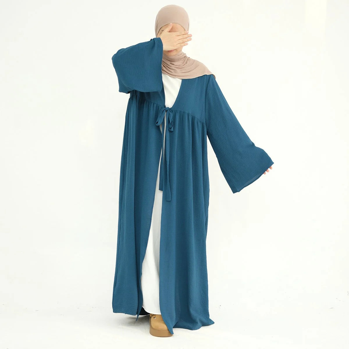 Elegant Lace-Up Crepe Open Abaya Dress #24896 - Modest Muslim Fashion for Women, Perfect for Prayer, Weddings & Special Occasions