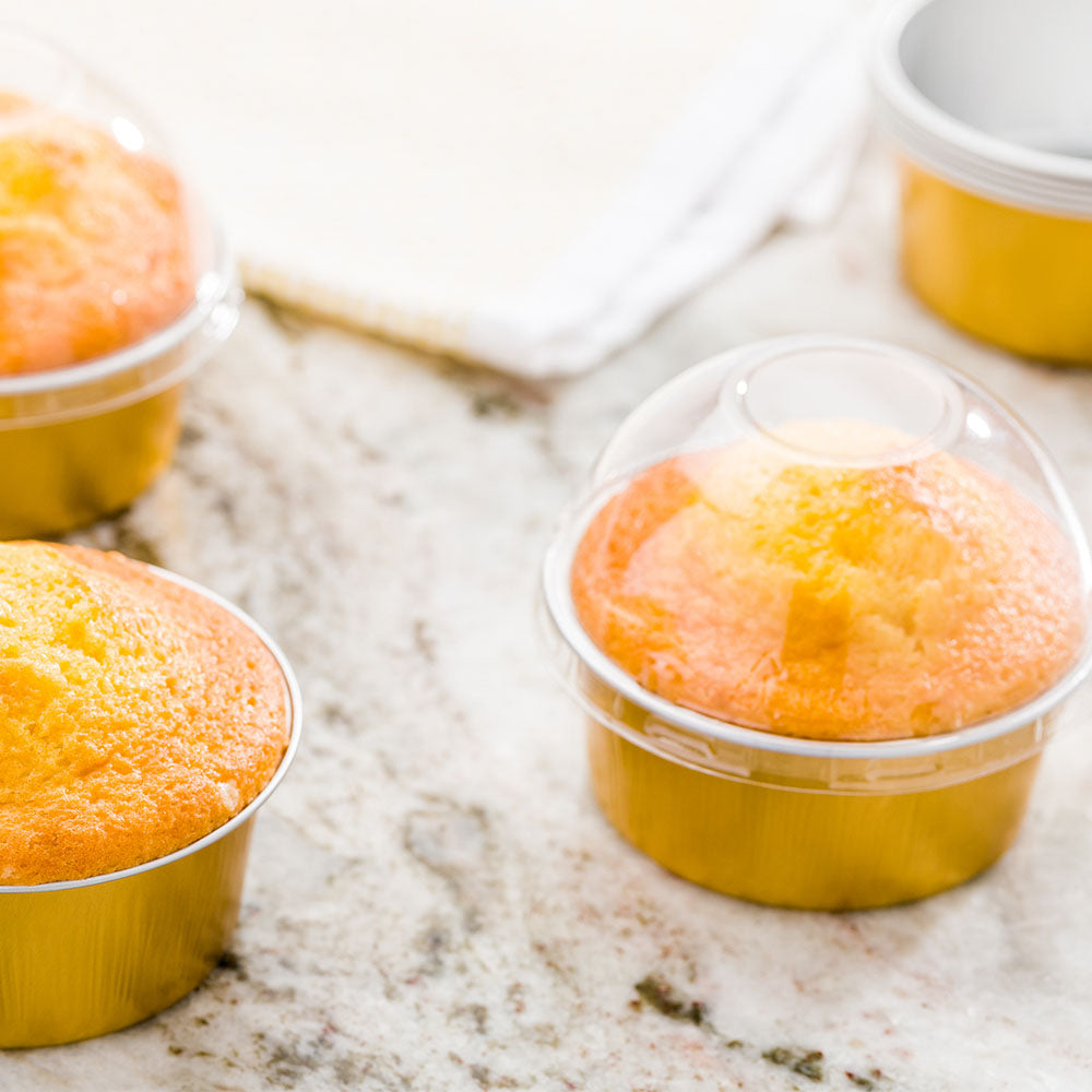 4 oz Round Gold Aluminum Baking Cups with Plastic Dome Lids - 3.25