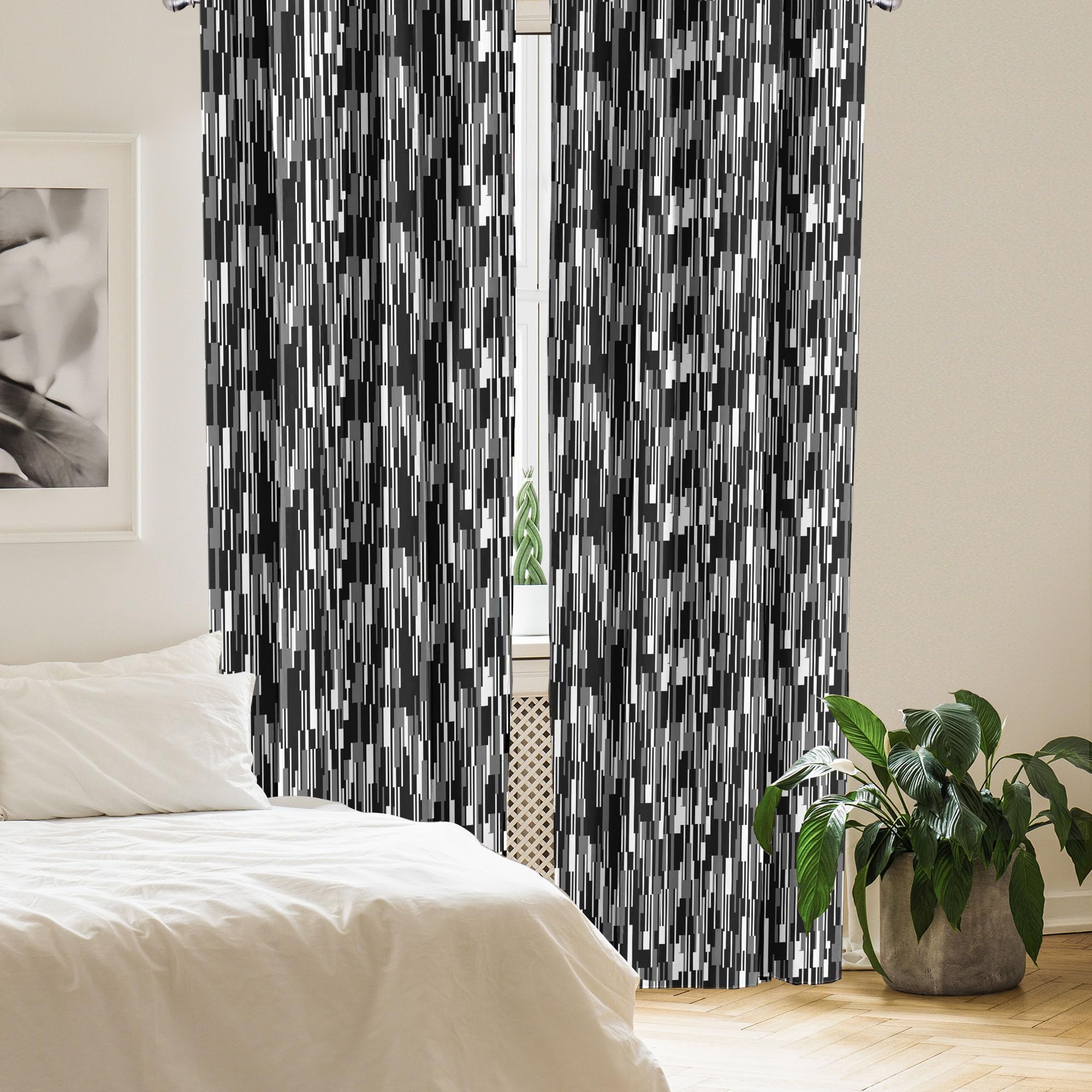 Ambesonne Black and White Barcode Pattern Window Curtains - Lightweight Vertical Stripes in Grayscale, 2-Panel Set with Rod Pocket (28