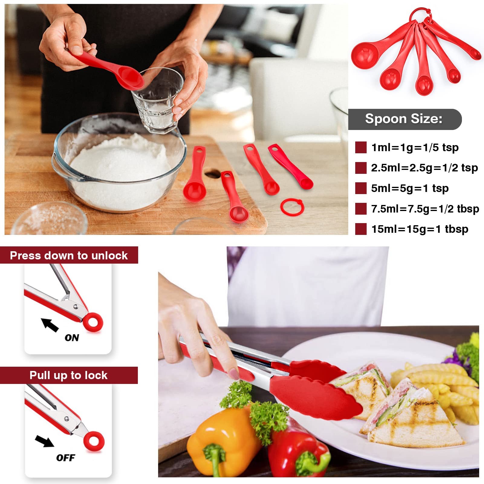 P&P CHEF 14-Piece Silicone Spatula Set - Heat Resistant Rubber Cooking Utensils for Nonstick Cookware - Includes Spatulas, Spoons, Kitchen Tongs & Baking Tools - Dishwasher Safe (Red) - Perfect for Baking, Cooking & Kitchen Prep