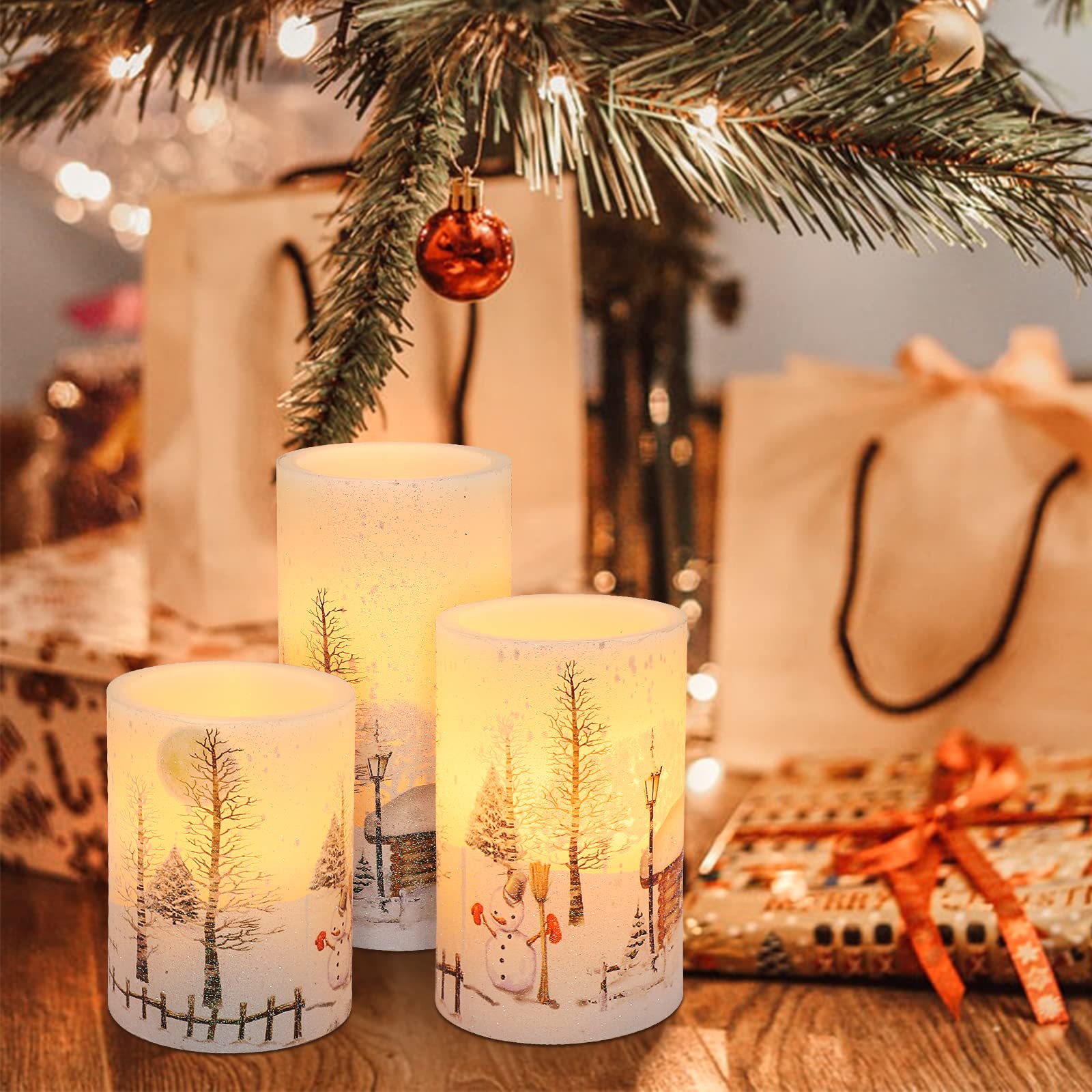 Flameless LED Candles with Remote & Timer - Real Wax Battery Operated Holiday Decor Lights for Christmas, Snowman Snow Scene - Perfect for Table Centerpiece, Room Decor, and Festive Gift Giving