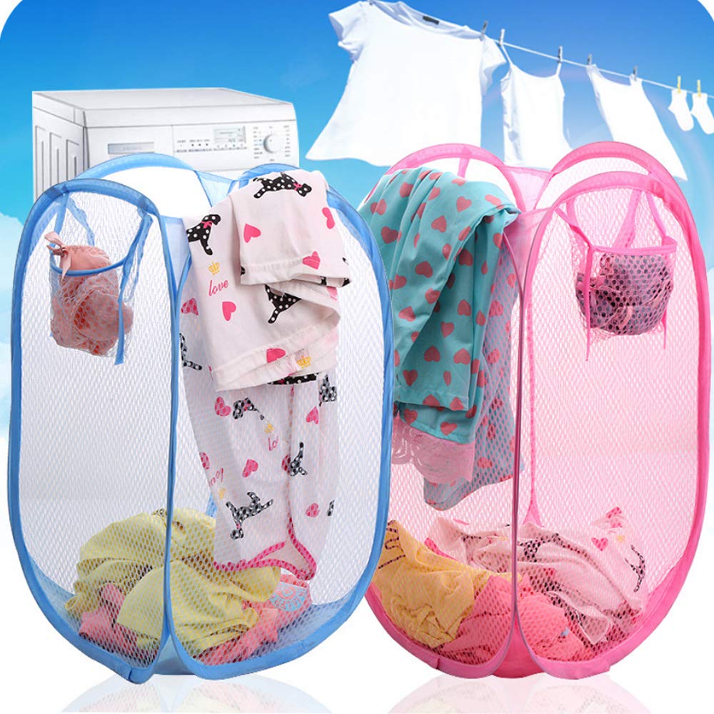 Foldable Mesh Laundry Hamper, 2-Pack Portable Clothes Basket for Bedroom, Kids Room, College Dorm & Travel - Blue & Pink | Space-Saving Storage Solution for Home & On-The-Go