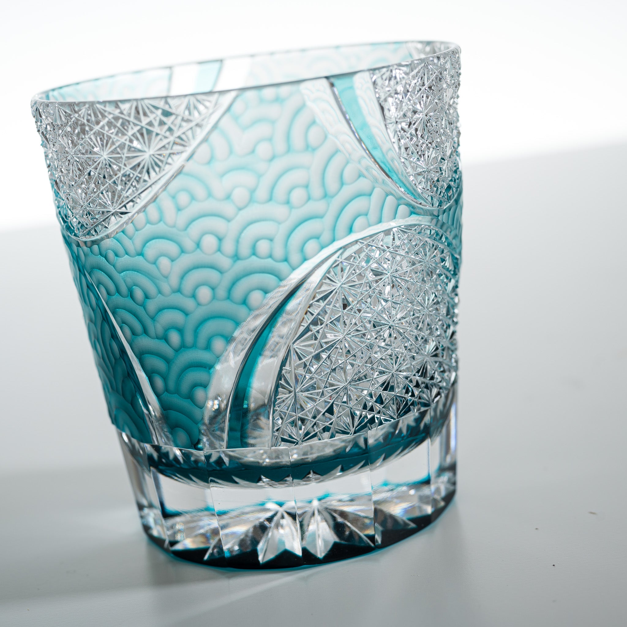 Yamada Crystal Glass Rock Tumblers - Set of 4 Wave Design Green Drinking Glasses for Whiskey, Cocktails & Home Bar Decor