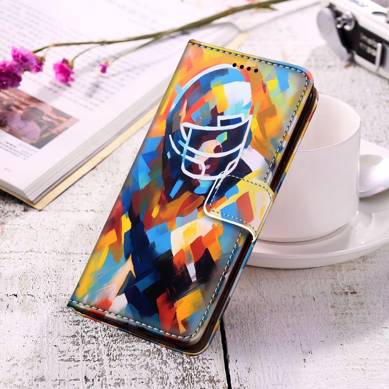 KOLHUBI PU Leather Wallet Case for Moto G8 Power Lite - Magnetic Stand with Card Holder & Shockproof Wrist Strap - American Football Rugby Art Design - Perfect for Daily Use, Travel, and Hands-Free Viewing