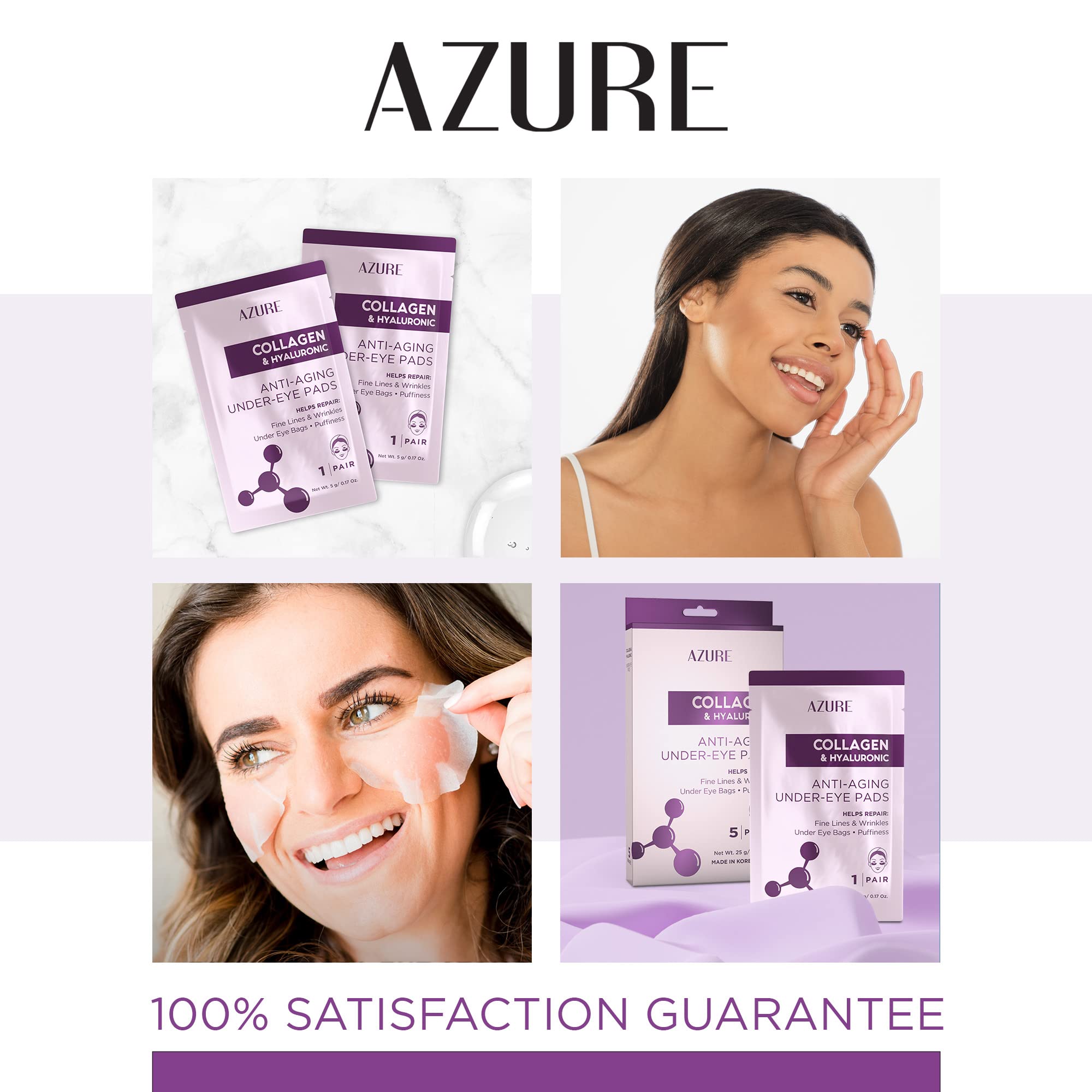 Azure Cosmetics Collagen & Hyaluronic Acid Eye Pads - Anti-Aging Under Eye Mask Patches for Dark Circles, Wrinkles & Puffiness - Korean Made Lifting & Moisturizing Treatment - 5 Pairs - Perfect for Night Routine & Travel Skincare