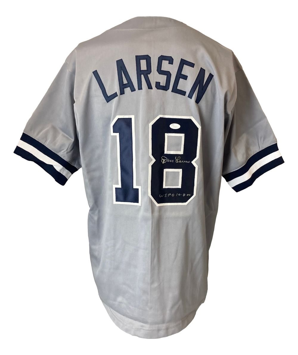 Don Larsen New York Yankees Signed Gray Baseball Jersey - World Series Perfect Game 10/8/56 Inscribed with JSA COA - Perfect for Collectors, Sports Memorabilia Displays & Yankees Fans Gifts