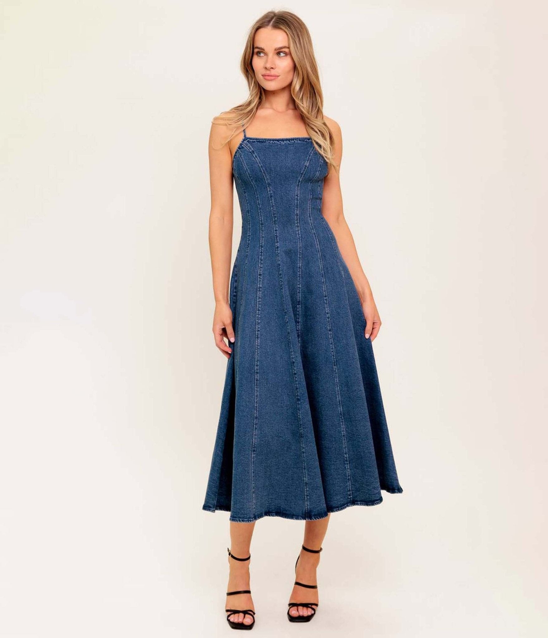 Indigo Denim Vanilla Cove Midi Dress for Women - Vintage Style Casual Summer Dress for Beach, Party & Everyday Wear