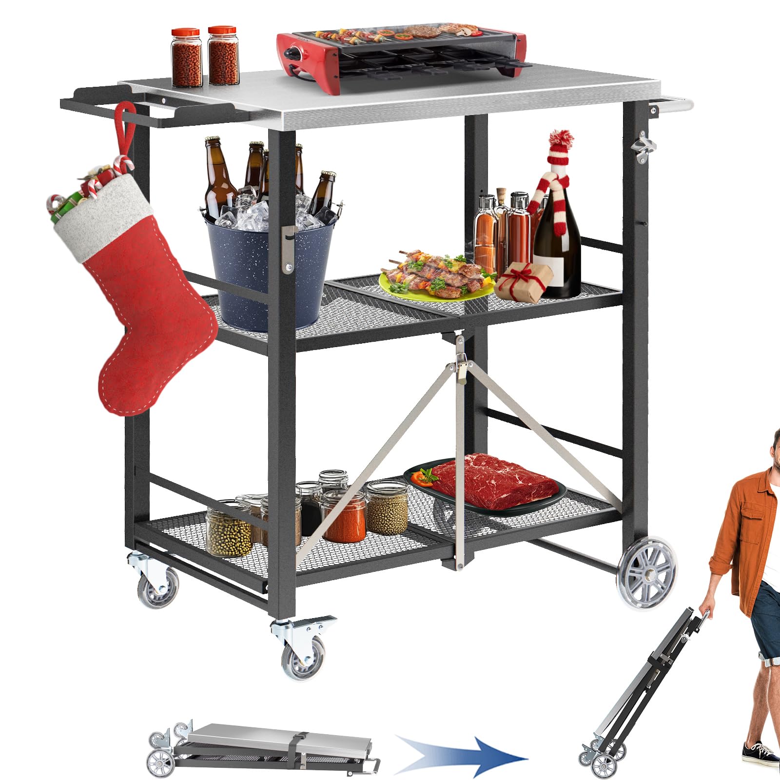 Portable Stainless Steel Folding Grill Cart - Outdoor BBQ Table for Ninja Woodfire, Blackstone Griddle & Cuisinart | Foldable Kitchen Island with Pizza Oven | Perfect for Camping, Backyard Parties & Tailgating
