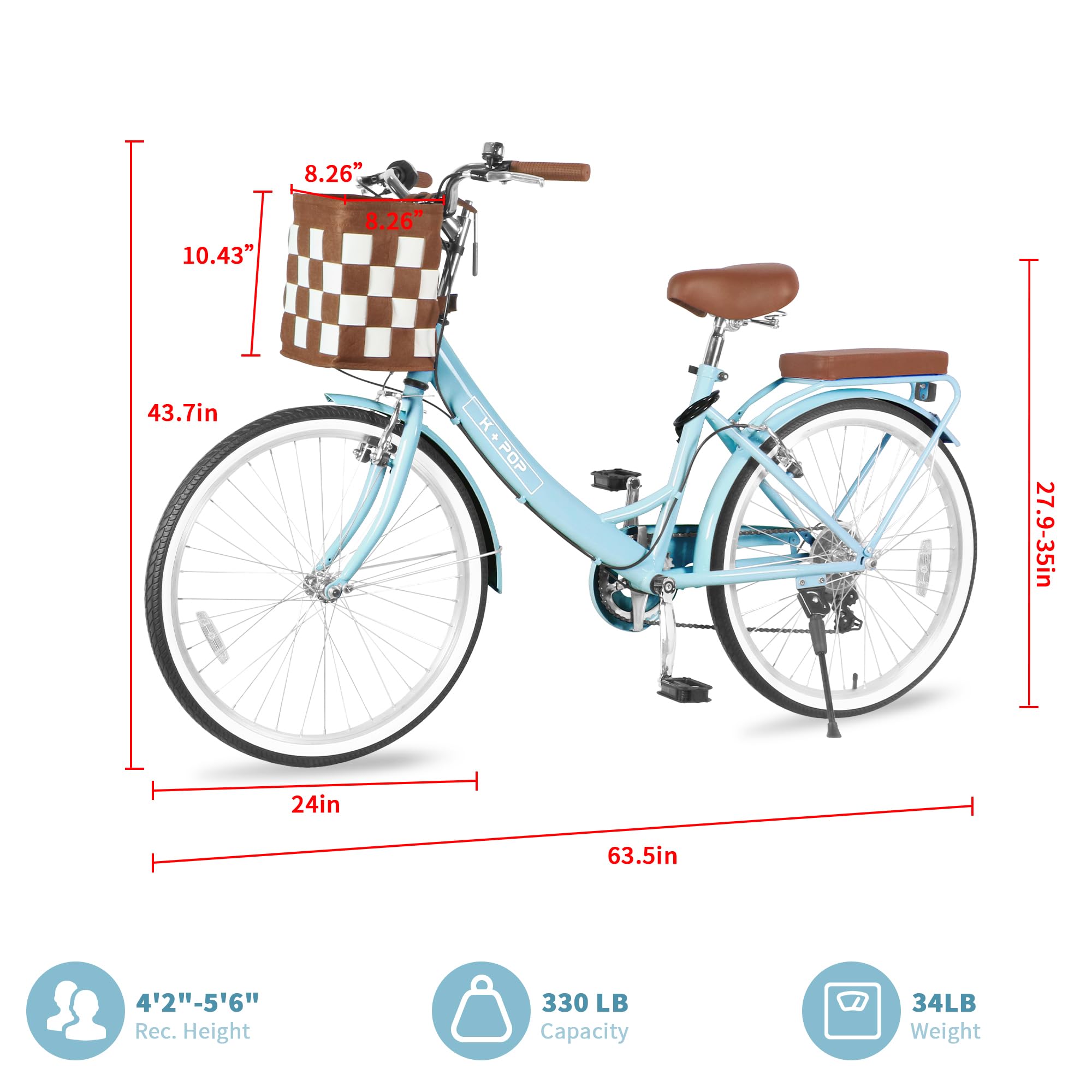 24-Inch Women's Beach Cruiser Bike with Front Basket - 7-Speed Commuter Bicycle for Ladies, Classic Streamlined Design - Perfect for City Riding, Fitness Exercise & Coastal Vacations