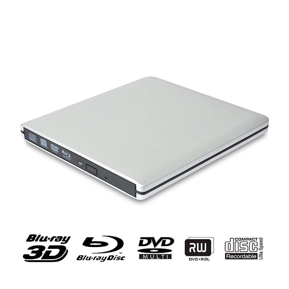 Ultra Slim USB 3.0 External Blu-Ray DVD Drive - Portable CD/DVD Burner & 3D Player with DVD-RW Reader for PC Laptop - Silver | Perfect for Home Entertainment, Office Work & Data Backup