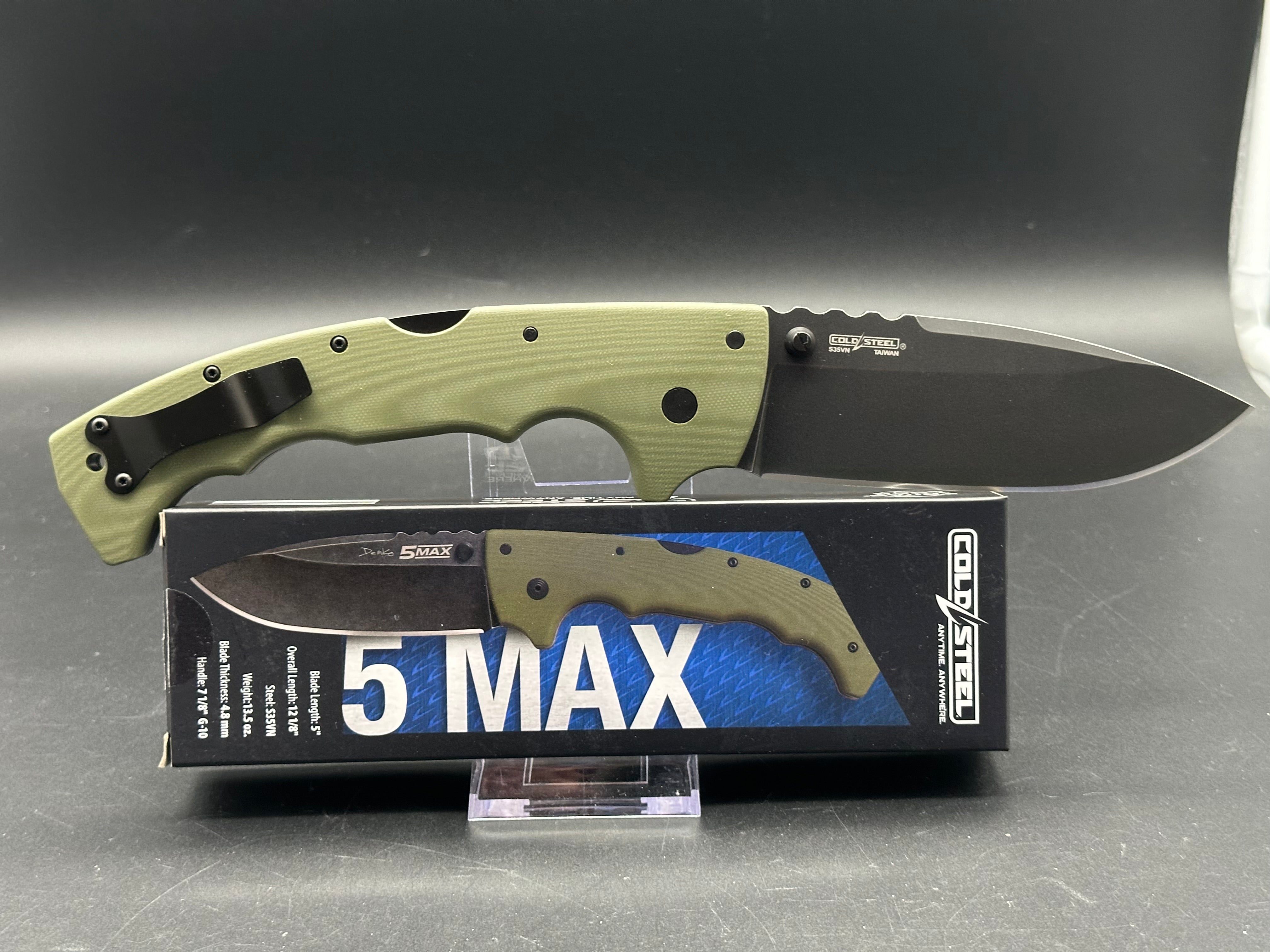 Cold Steel 5 Max Lockback Folding Knife - OD Green G10 Handle, S35VN Steel Plain Edge, Black Stonewash Finish - EDC, Outdoor, Camping, Survival, Tactical Use