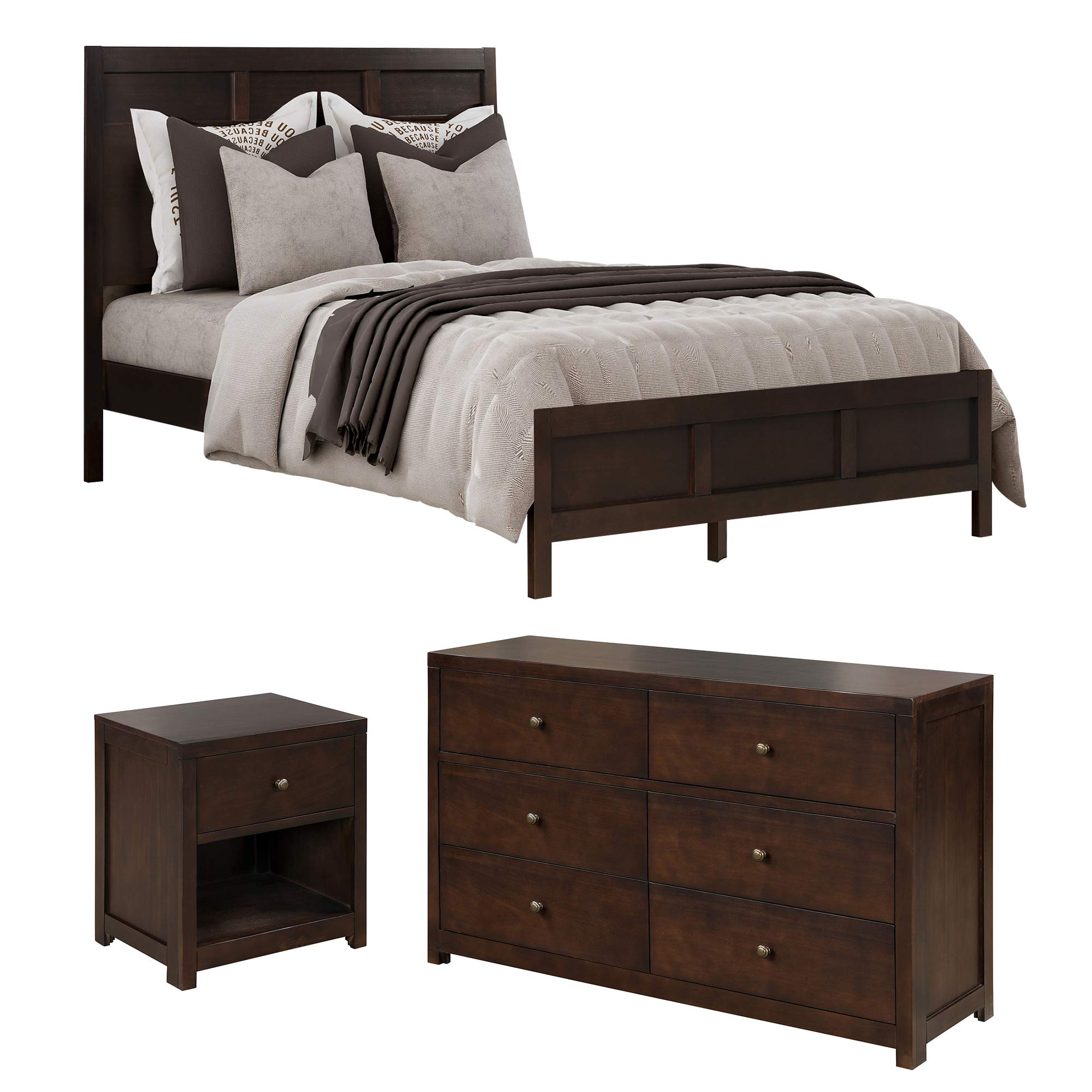 Familymill 3-Piece Classic Bedroom Furniture Set - Full Size Bed Frame, Nightstand & Dresser with Mirror | Perfect for Master Bedroom, Guest Room & Small Space Decor