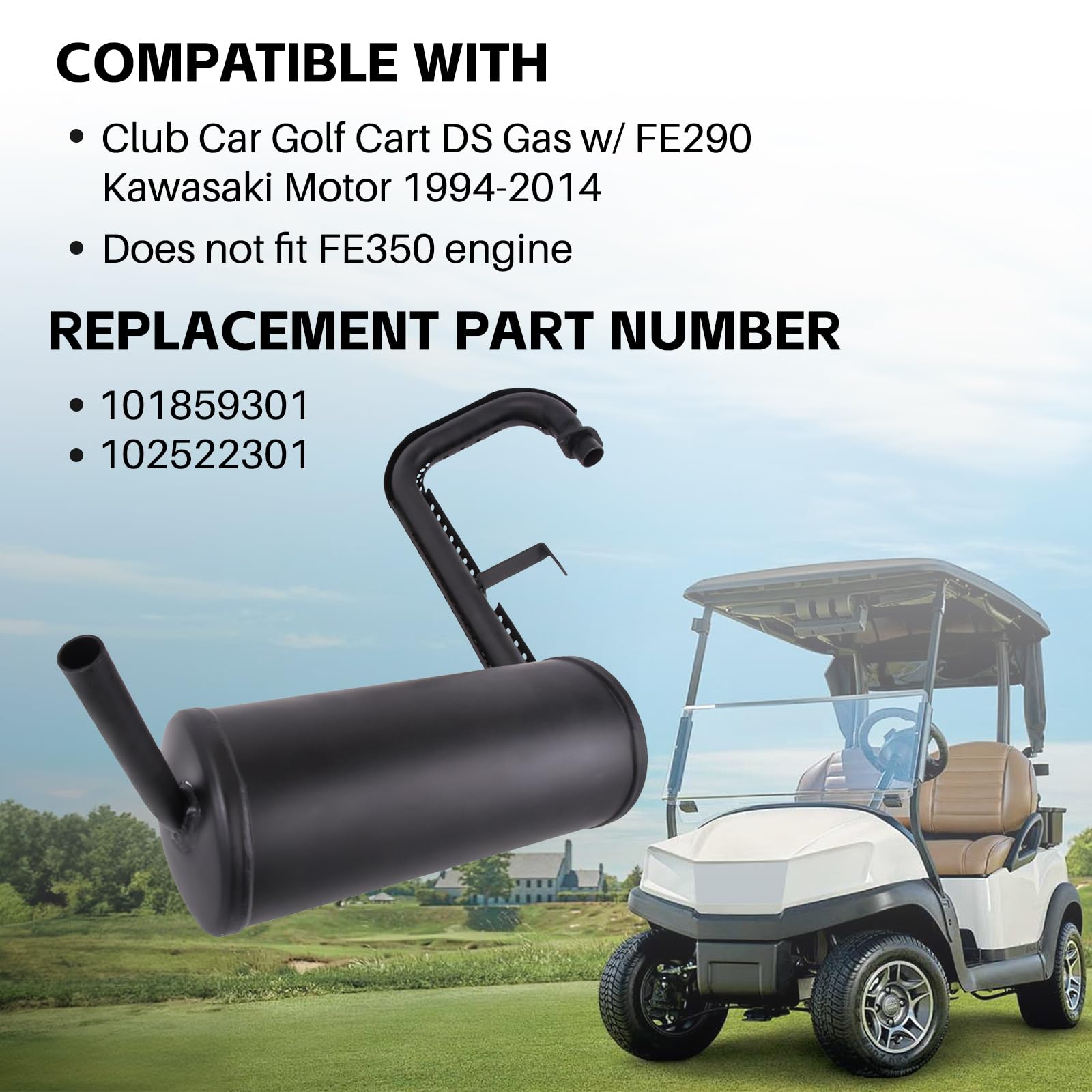 FE290 Kawasaki Engine Muffler System Replacement for Club Car Golf Cart DS Models 1994-2014 - Compatible with Part Numbers 101859301 & 102522301 - Perfect for Golf Course Maintenance and Cart Performance Upgrades