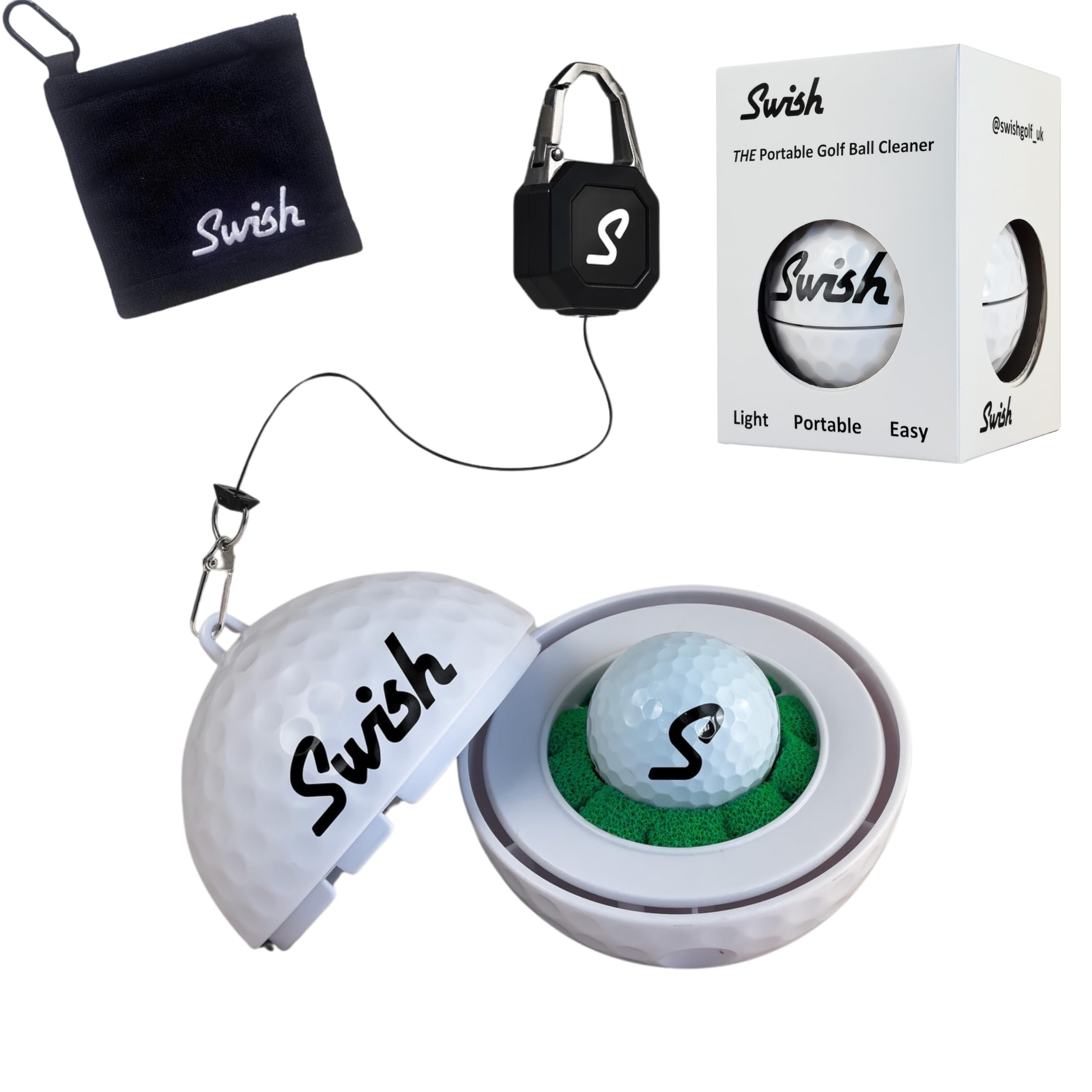 Swish Portable Golf Ball Cleaner – Clip-On Golf Accessory for Golf Bag or Cart – Best Golf Gift for Men & Women – Ideal for Driving Range & Course Play