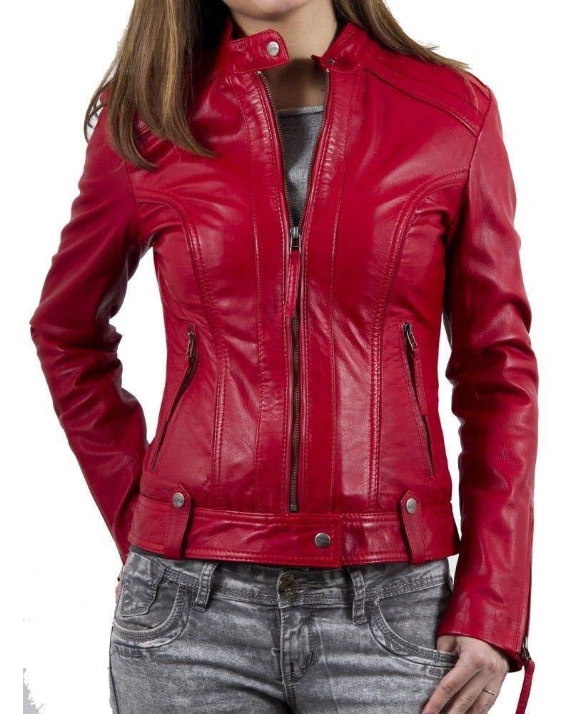 Women's Red Lambskin Leather Bomber Jacket - Genuine Biker Motorcycle Jacket for Women | Perfect for Riding, Casual Wear & Fashion Outfits