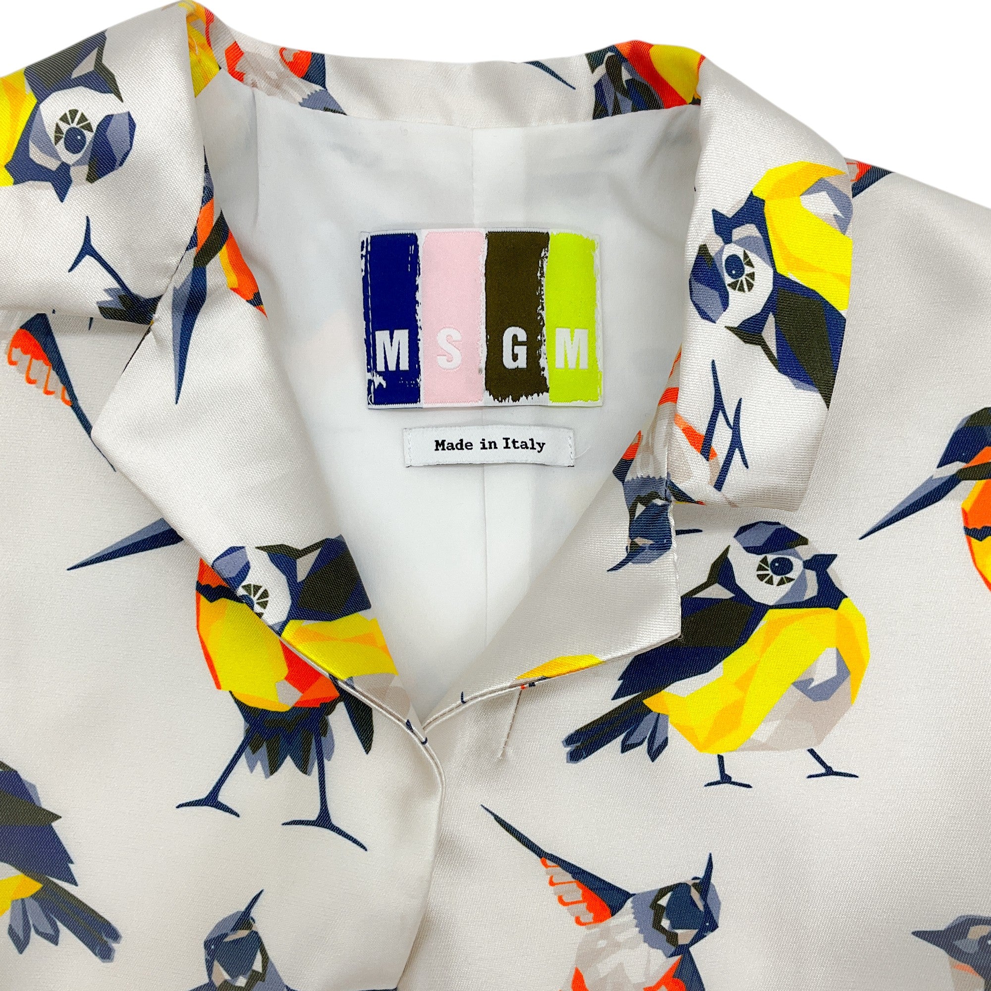 MSGM White Multi Bird Print Silk Coat - Elegant Women's Fashion Blazer for Parties, Weddings & Office Wear