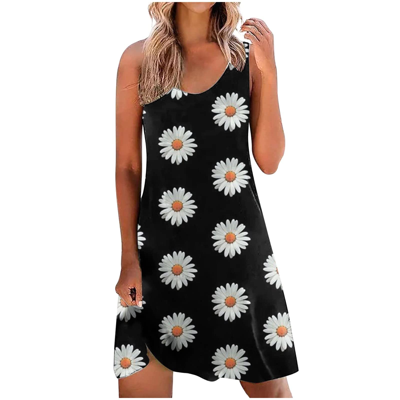 Floral Printed Beach Dress for Women - Round Neck Sleeveless Sundress, Loose Casual Tank Dress for Summer Vacation, Pool Party & Tropical Getaway