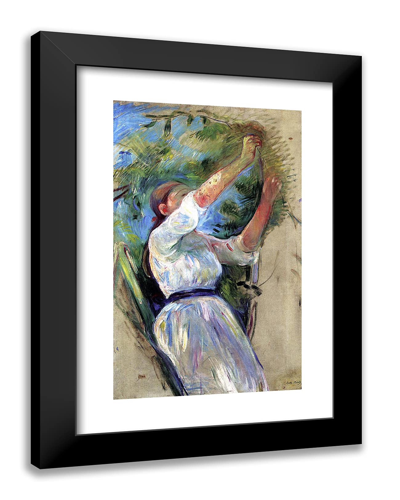 Berthe Morisot 'Girl Gathering Cherries' 18x24 Inch Black Modern Framed Art Print - Wall Decor for Living Room, Bedroom & Office
