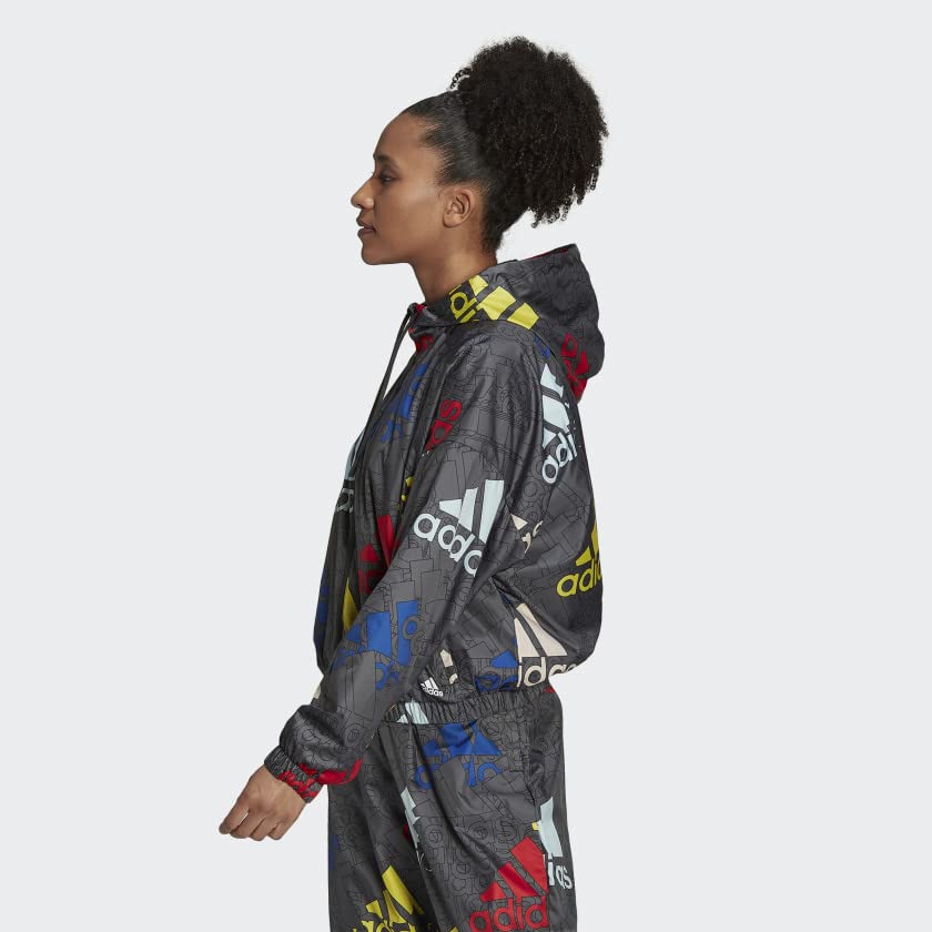 Adidas Women's Essentials Multi-Colored Logo Windbreaker Jacket - Lightweight Waterproof Running & Outdoor Sports Coat for Jogging, Hiking, Travel