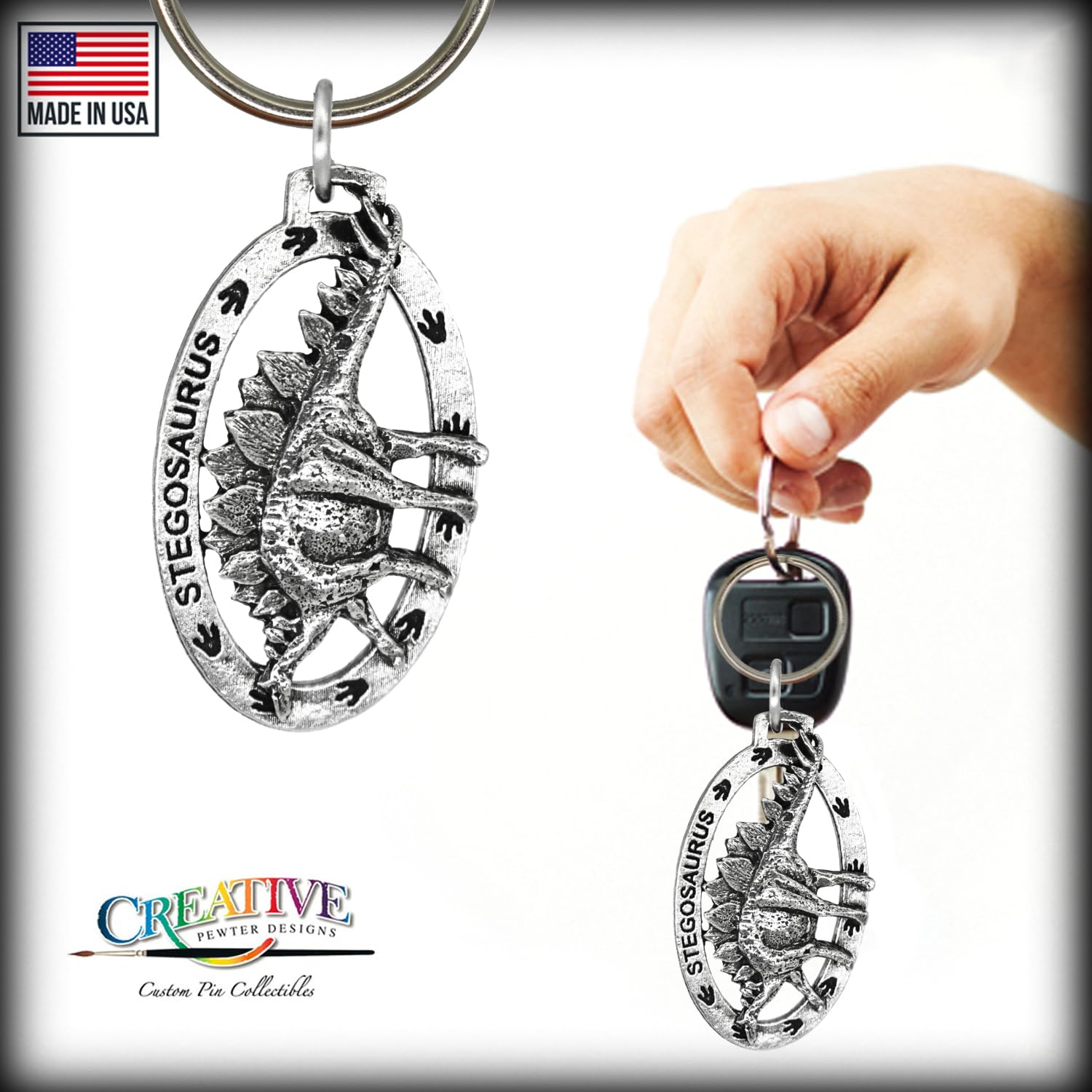 Handmade Pewter Stegosaurus Dinosaur Keychain - 2