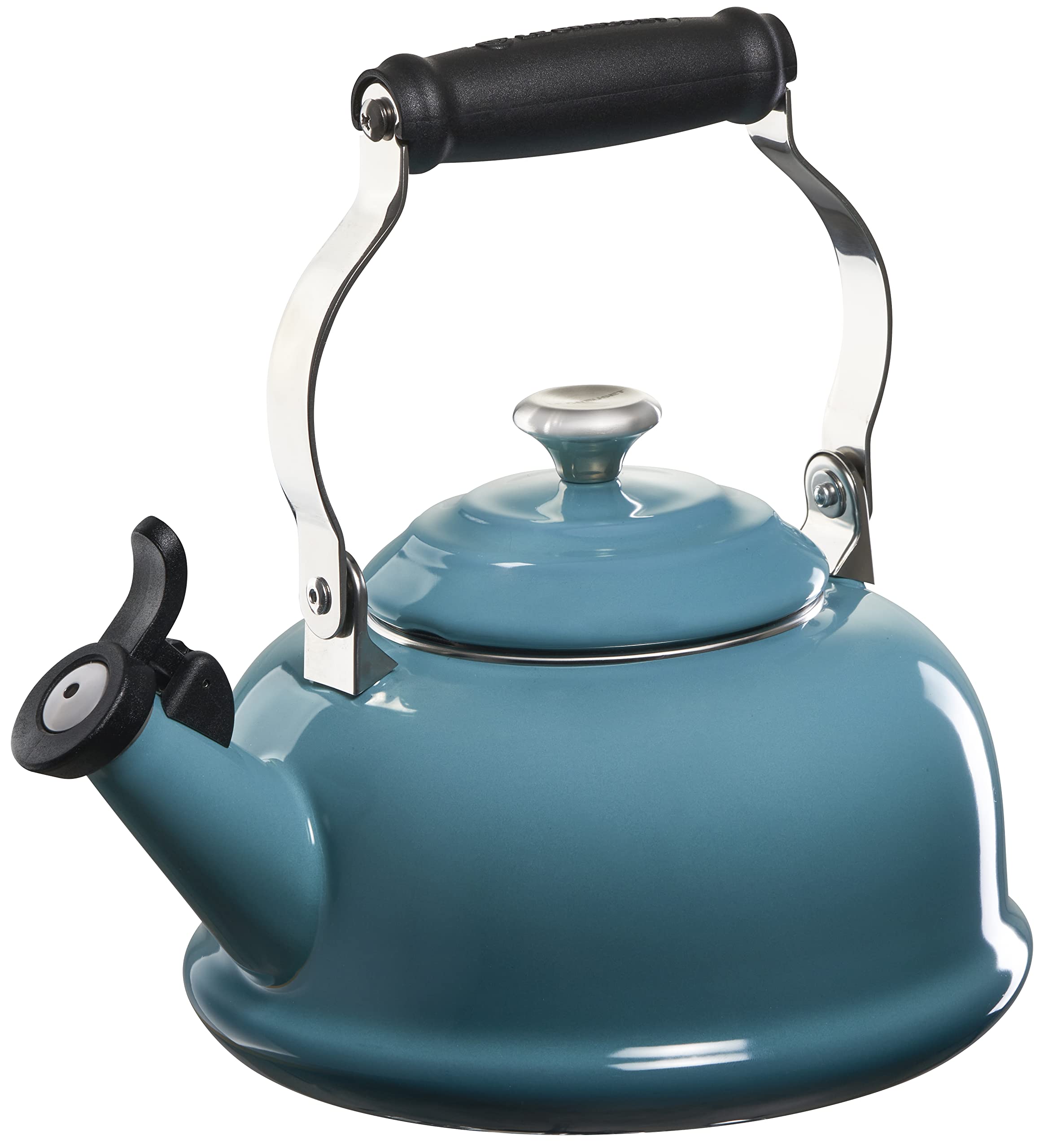 Le Creuset 1.7 Quart Enameled Steel Whistling Tea Kettle - Caribbean Blue with Metal Finishes | Stovetop Safe for Gas & Electric | Perfect for Home, Office & Tea Lovers