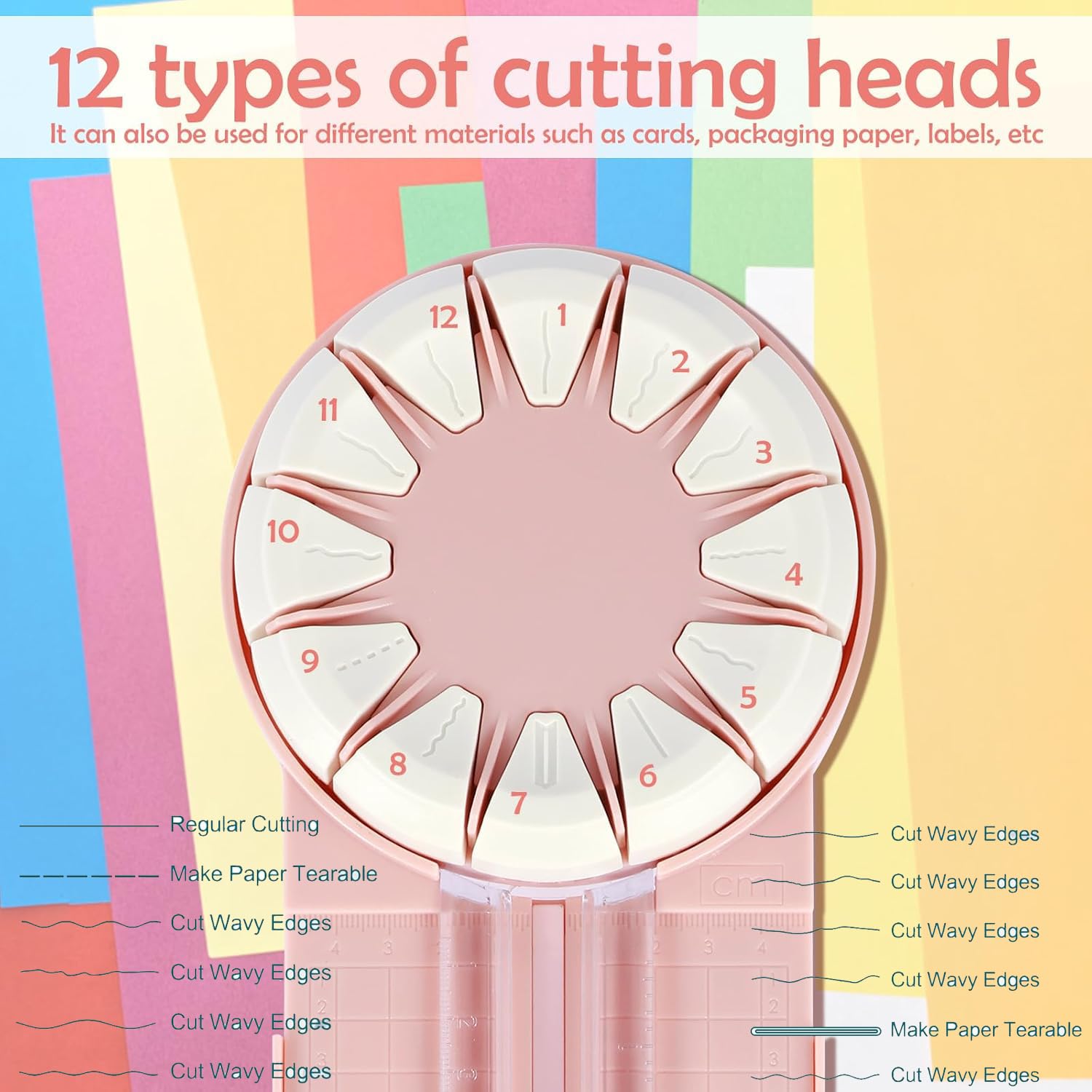 12-in-1 Multifunctional Wavy Paper Edge Cutter with 360° Rotating Blade Head - Pink | Scrapbooking, Card Making & DIY Craft Supplies for Creative Projects