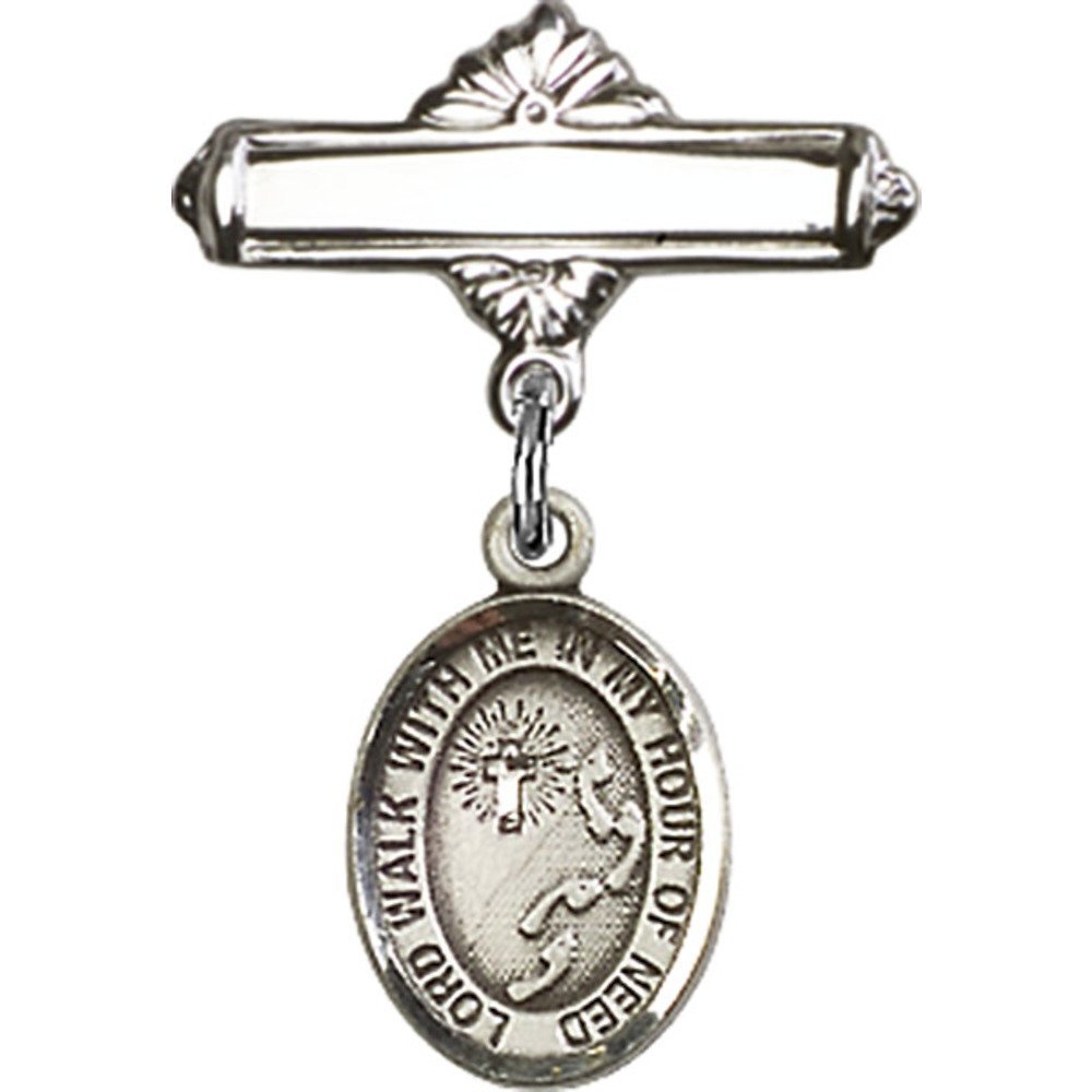 Sterling Silver Baby Badge with Footprints & Cross Charm - 1 X 5/8 Inch Polished Pin - Perfect for Christening, Baptism, Baby Shower Gifts & Keepsakes