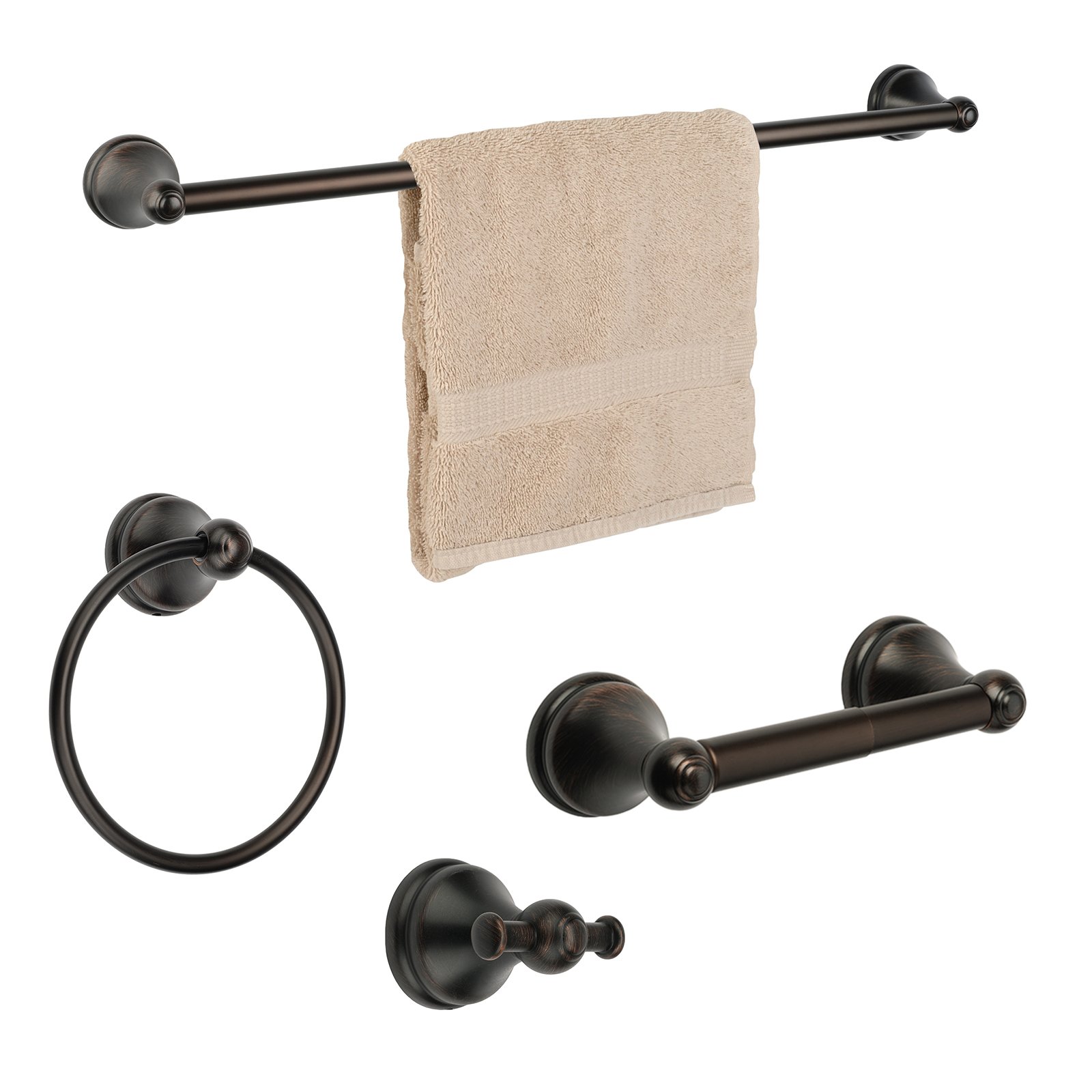 Brentwood 4-Piece Bathroom Hardware Set - Brushed Nickel Towel Bar, Robe Hook, Toilet Paper Holder & Shelf - Modern Bathroom Accessories for Home Decor & Organization