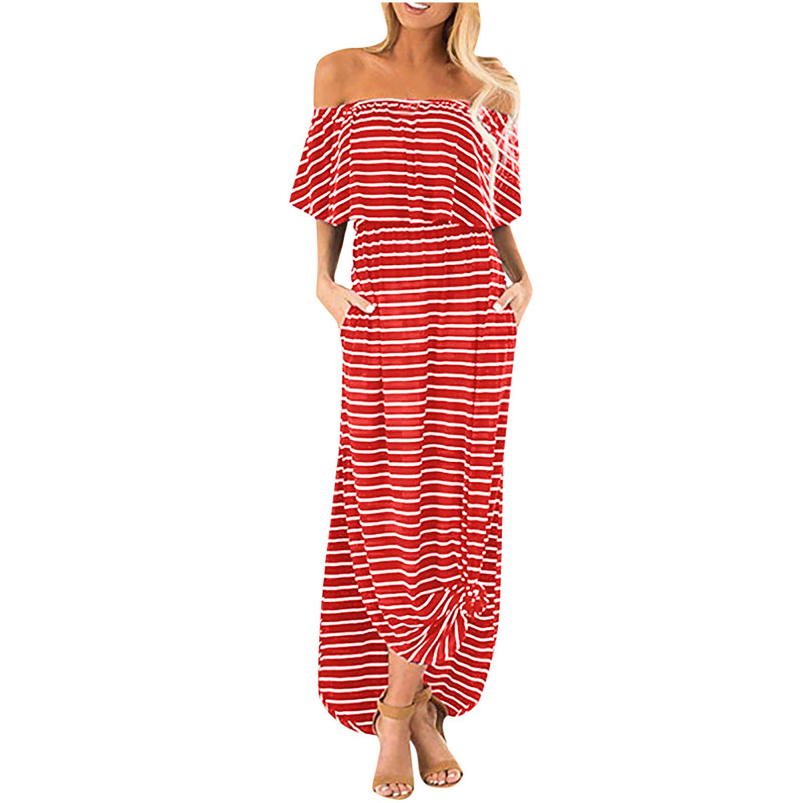 Women's Casual Summer Dresses - Sexy Off Shoulder Striped Sundress with Short Sleeves, Maxi & Long Dress Options | Perfect for Beach Vacations, Date Nights & Summer Parties