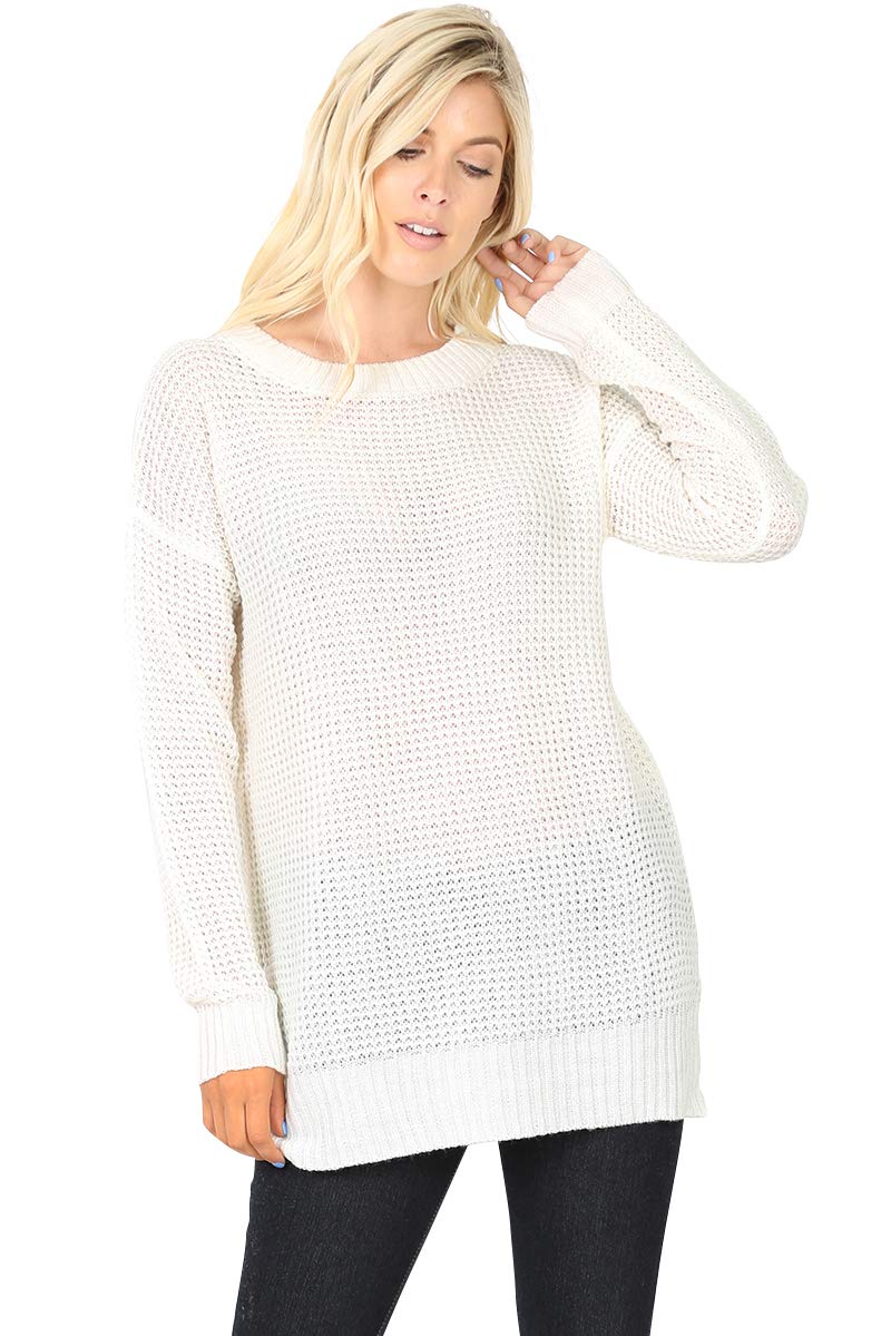 Women's Long Sleeve Crewneck Waffle Knit Pullover Sweater with Side Slits - Loose Fit Casual Top in Ivory (Medium) | Perfect for Fall Layering, Office Wear & Weekend Outfits