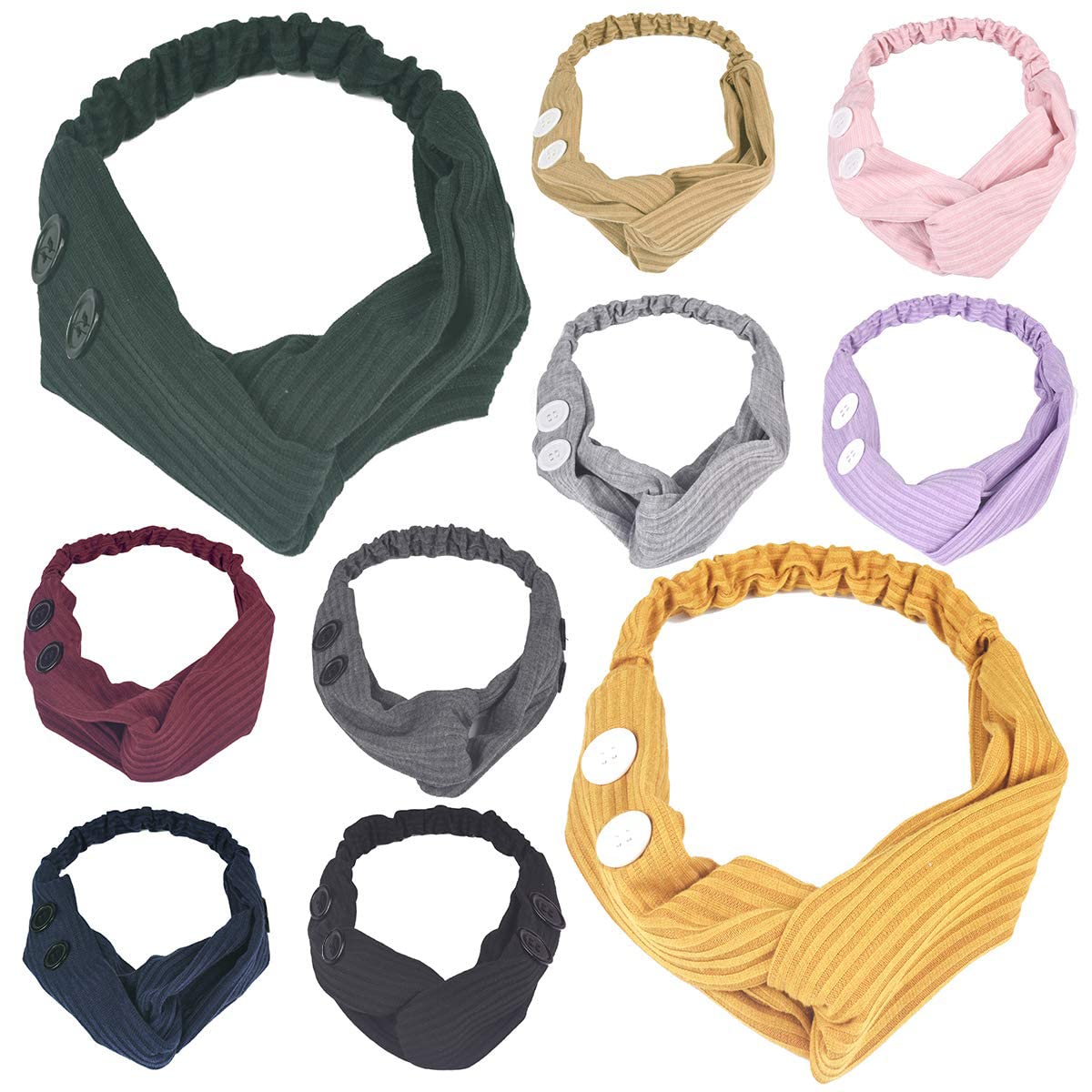 10 PCS Button Headbands for Face Masks - Stretchy Knotted Boho Hair Bands for Women - Lightweight Elastic Exercise Headbands for Nurses & Doctors - Ear Protection for Workouts, Medical Shifts & Daily Wear