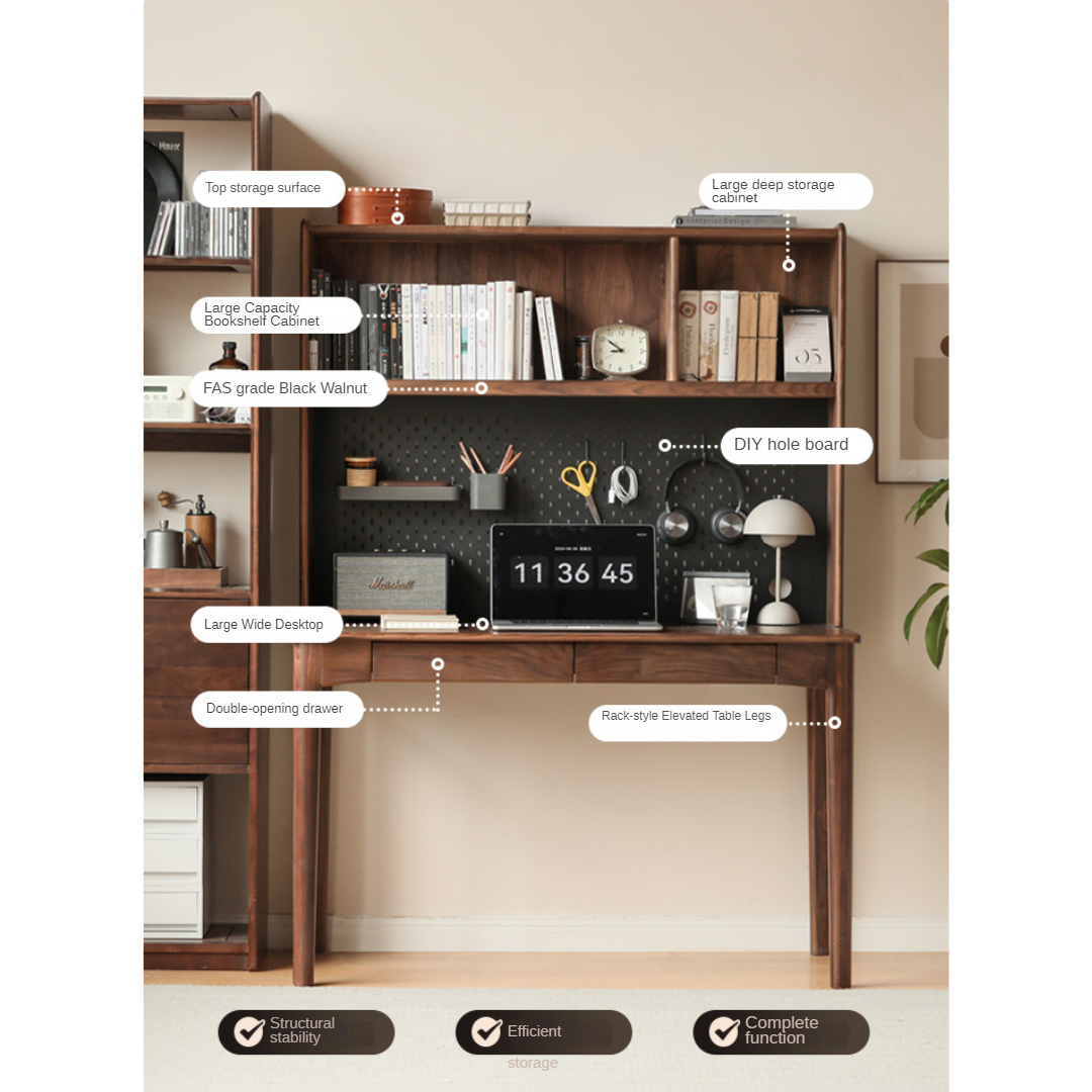 Solid Black Walnut Wood Bookshelf Table - Modern Integrated Study Desk & Storage Shelf for Home Office, Living Room, and Library Use