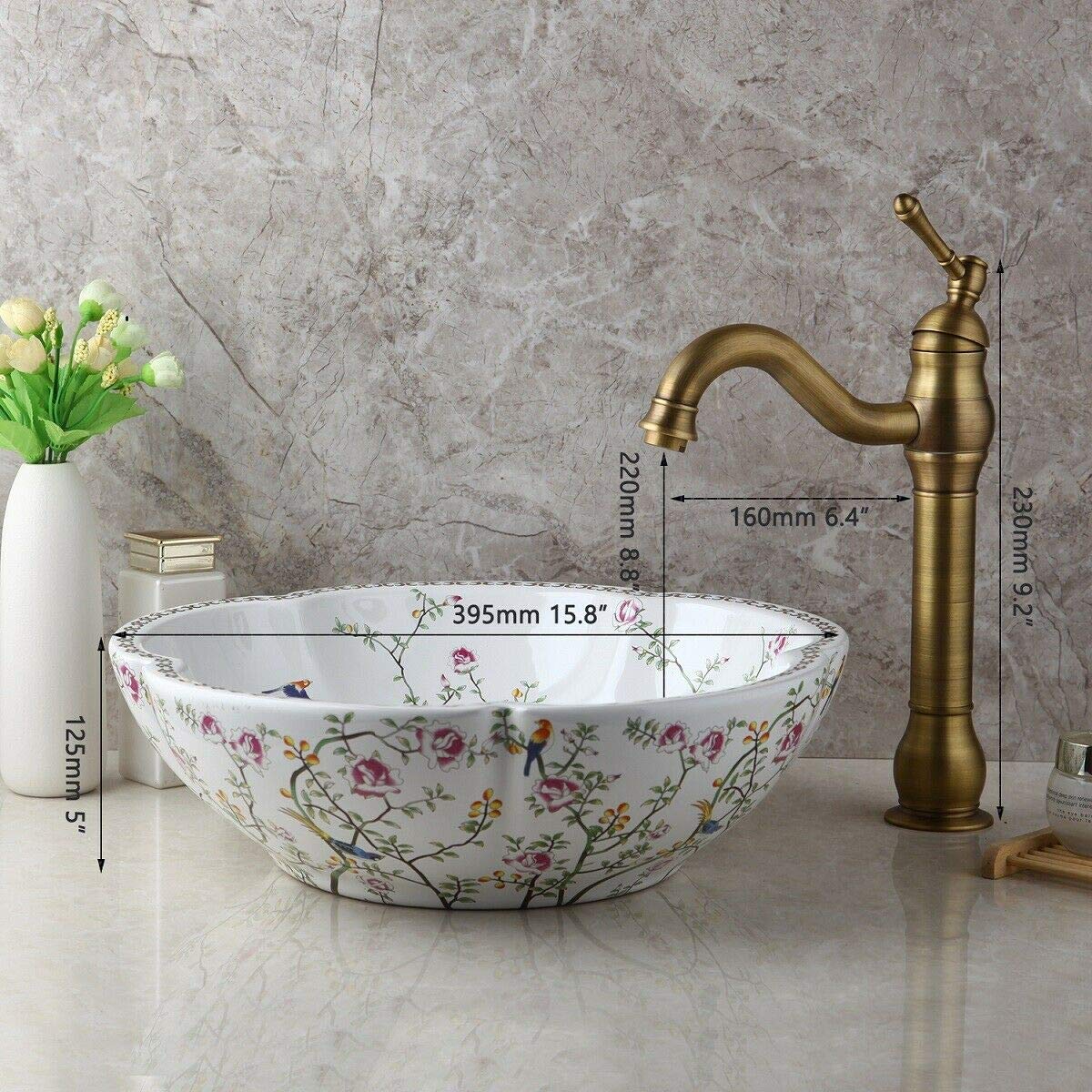 Antique Brass Faucet Round White Ceramic Vessel Sink with Floral Bird Design - Above Counter Bathroom Basin for Vanity, Powder Room & Farmhouse Decor