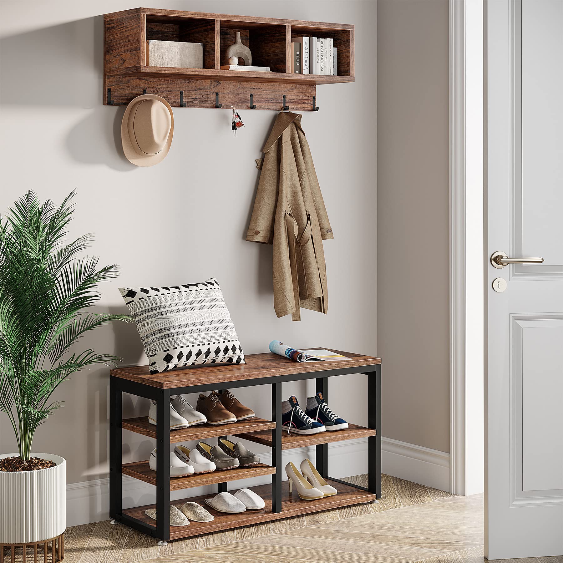 Little Tree Coat Shoe Rack with Entryway Bench - Hallway Organizer for Coats, Shoes & Storage | Perfect for Living Room, Bedroom or Mudroom | Rustic Brown Wooden Furniture for Home Entry Decor