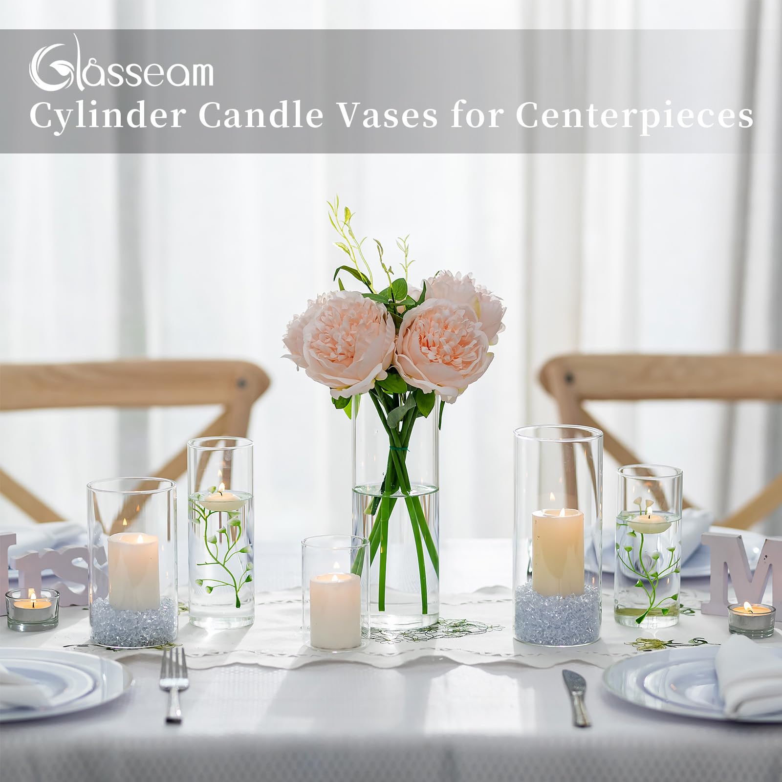 Glasseam 24-Pack Clear Glass Cylinder Candle Holders for Pillar & Floating Candles - Modern Hurricane Vases for Wedding Centerpieces, Table Decor, and Home Ambiance Lighting