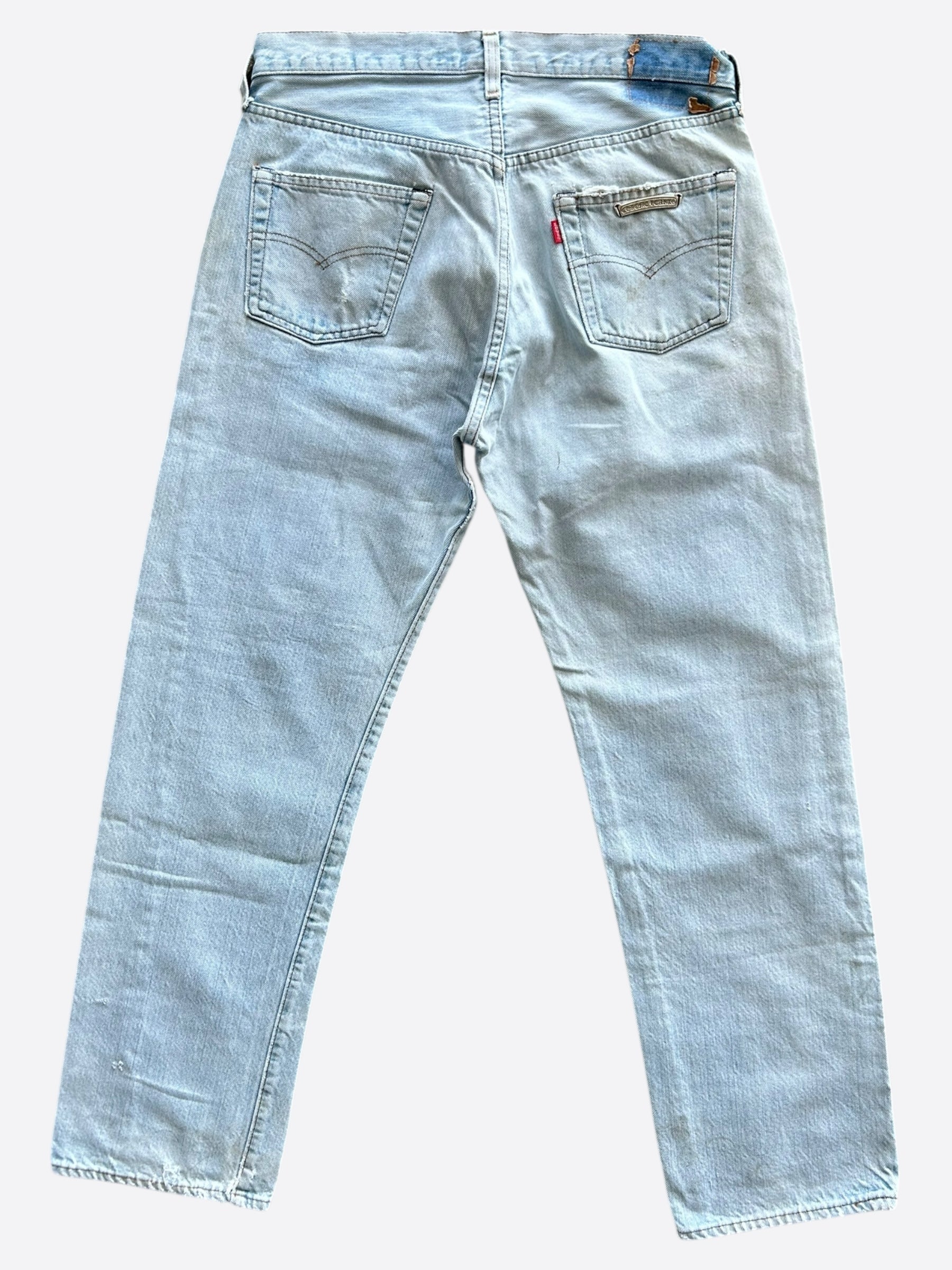 Chrome Hearts x Levi's Distressed Blue Jeans for Men - Vintage Denim Pants with Ripped Details - Perfect for Casual Wear and Street Style Outfits
