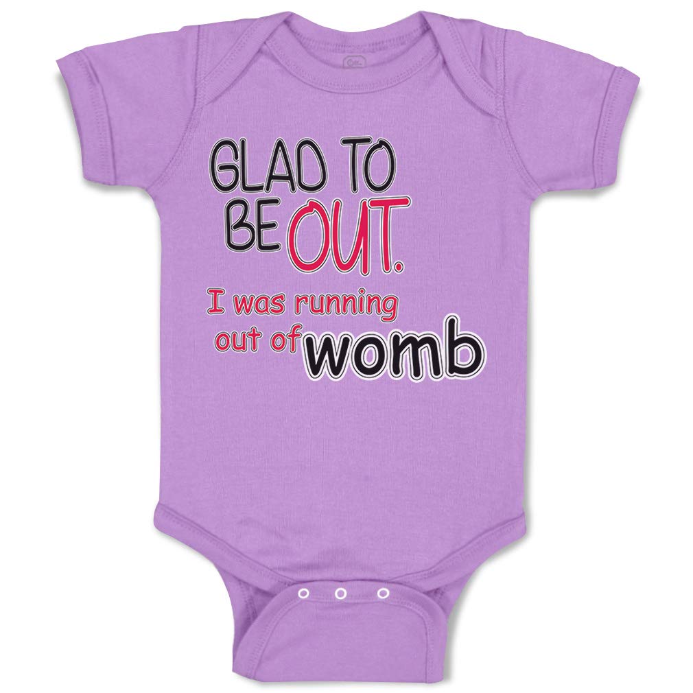 Funny Baby Bodysuit - 'Glad to Be Out I Was Running Out of Womb' Humorous Cotton Onesie for Newborn Boys & Girls in Lavender - Perfect for Photo Shoots, Gag Gifts & Playtime