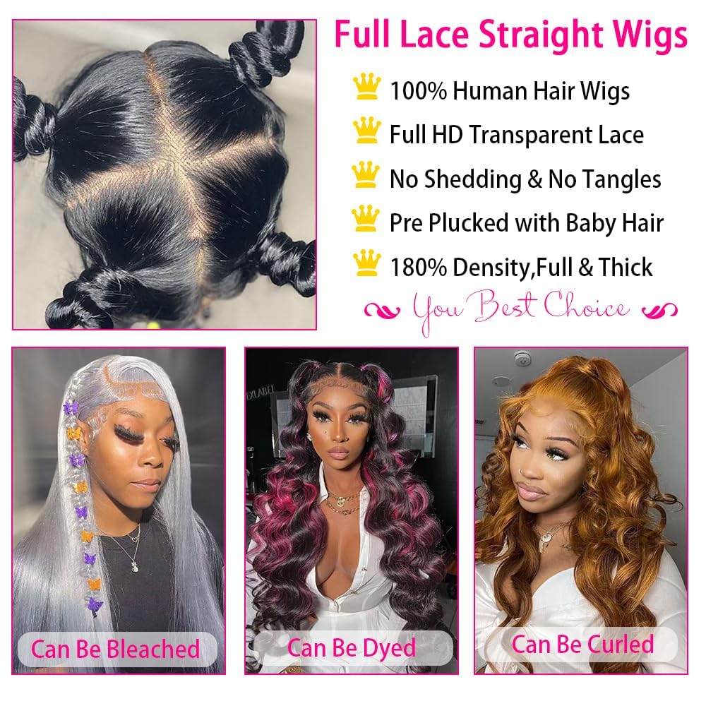 100% Human Hair Full Lace Wigs - Straight 14 Inch Natural Black Hand-Tied Lace Front Wig with 180% Density - Perfect for Daily Wear, Cosplay & Special Occasions