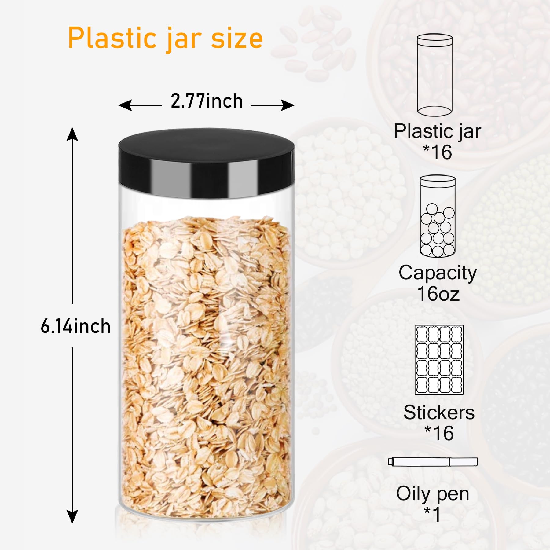 16oz Clear Plastic Jars with Black Lids - 16 Pack Small Empty Round PET Containers for Slime, Cosmetics, Food Storage | Airtight Kitchen Jars for Spices, Dry Food, Butter, Cream & DIY Crafts | Perfect for Home Organization & Gift Packaging