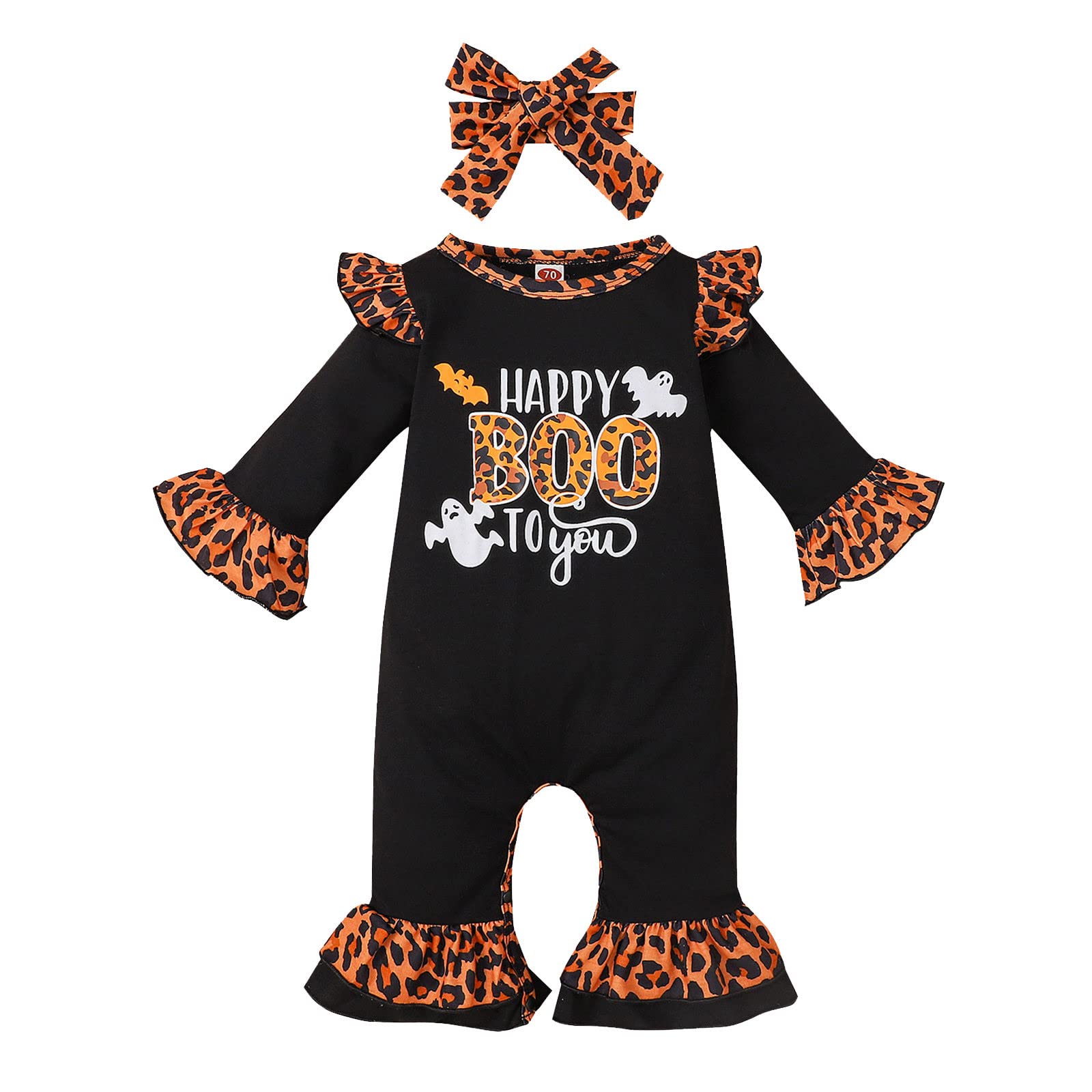 Baby Boys Girls Halloween Costume - Long Sleeve Romper with Letter & Leopard Print, Flare Jumpsuit & Headband Set | Cute Outfit for Infants, Toddler Photo Shoots, Party Wear, Trick-or-Treating