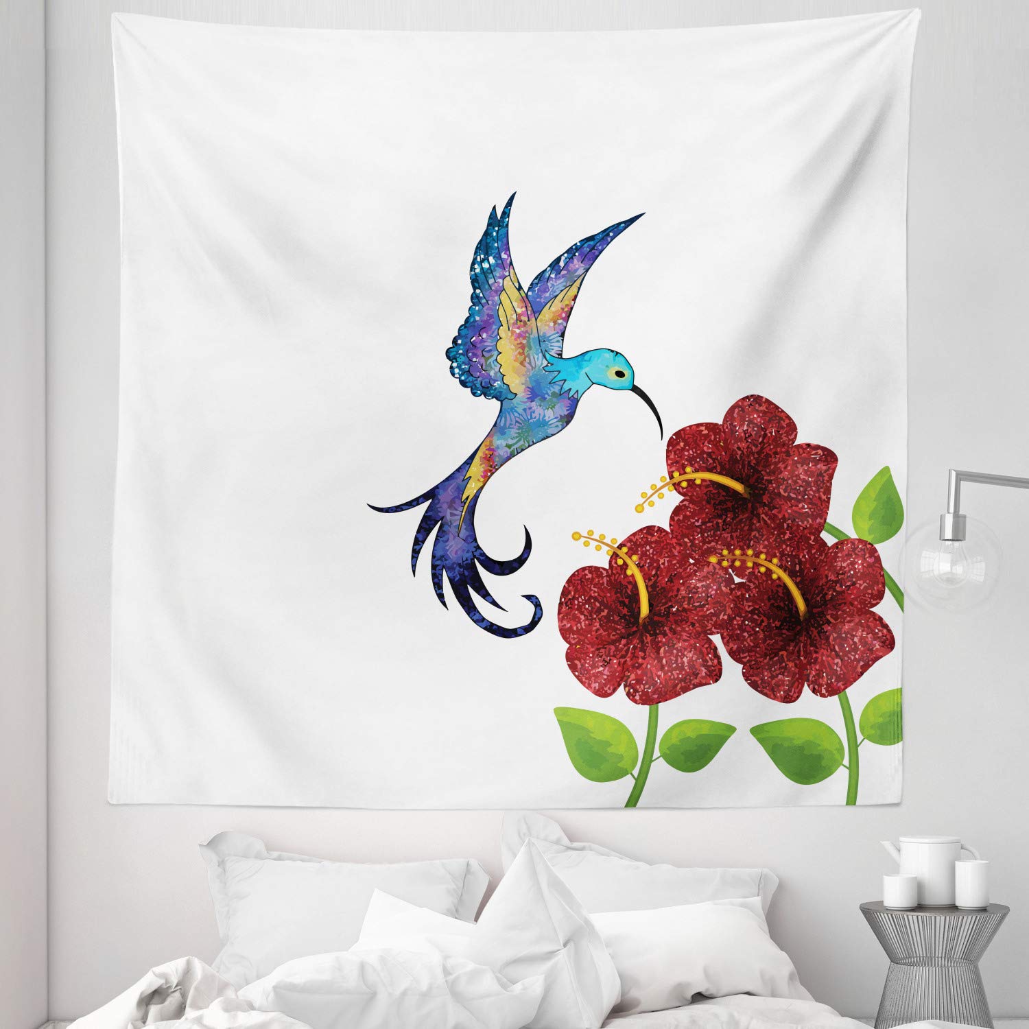 Ambesonne Hummingbird Tapestry Queen Size 88x88 Inches - Fantasy Floral Garden Wall Hanging, Bedspread & Home Decor in Burgundy Green - Perfect for Bedroom, Living Room & Dorm Wall Art