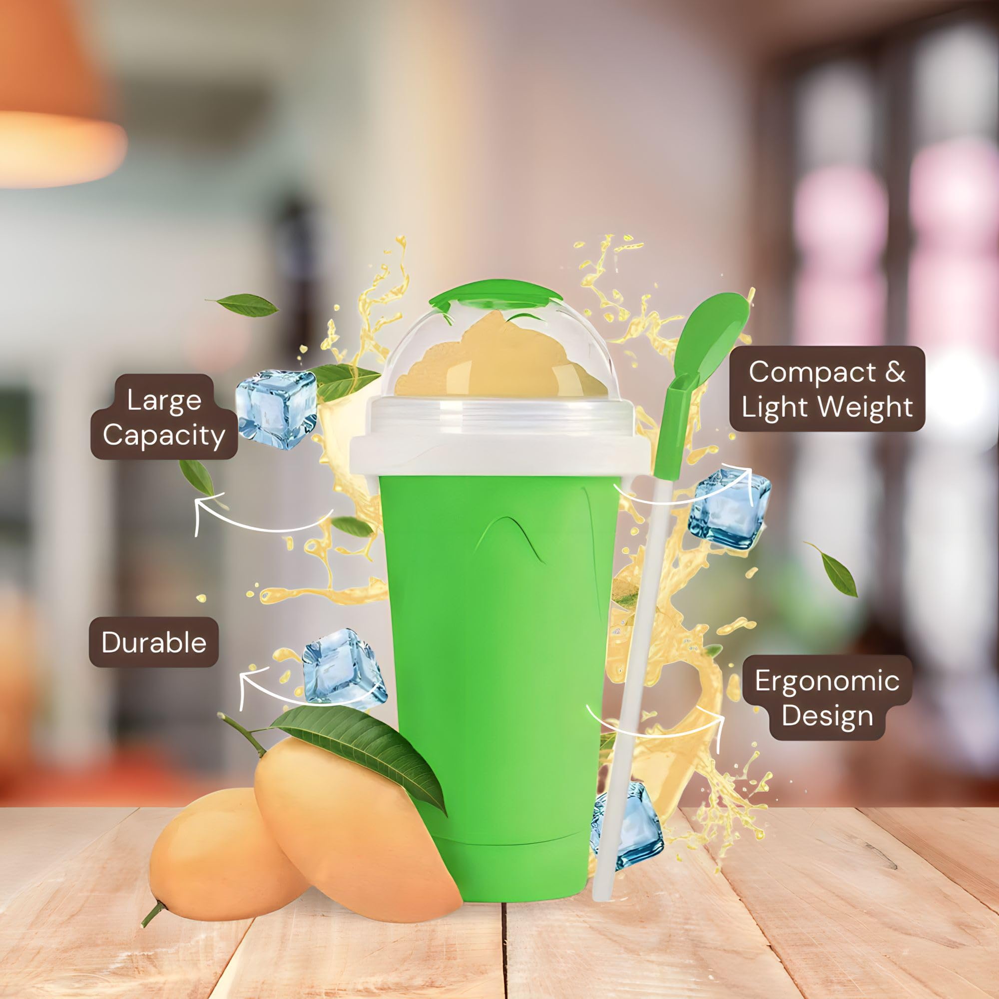 **Quick Frozen Magic Slushy Maker Cup - Portable Smoothie & Ice Cream Cup with Spoon & Straw (Green) - Perfect for Summer Drinks, Kids Snacks & Party Treats**