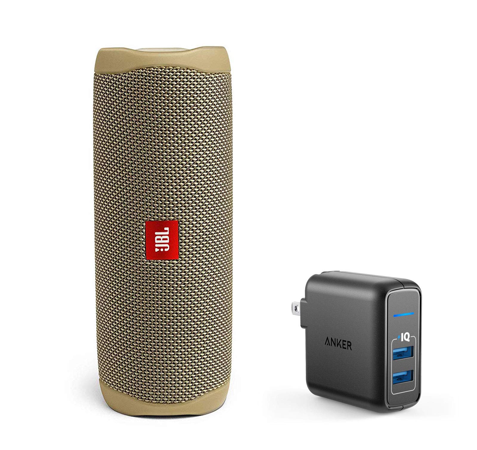 JBL Flip 5 Waterproof Portable Wireless Bluetooth Speaker with 2-Port USB Wall Charger - Sand (IPX7 Waterproof, 12 Hours Playtime) - Perfect for Beach, Pool, Camping & Outdoor Adventures