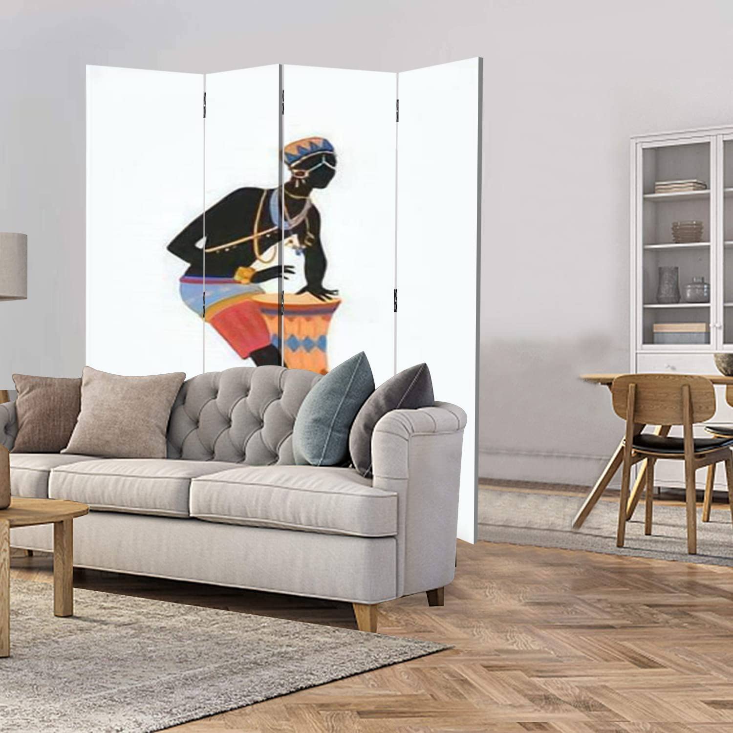 4 Panel Canvas Room Divider Screen - African Drummer in Vibrant National Costume, Folding Privacy Partition for Home & Office | Perfect for Living Room Separation, Bedroom Privacy, and Event Decoration