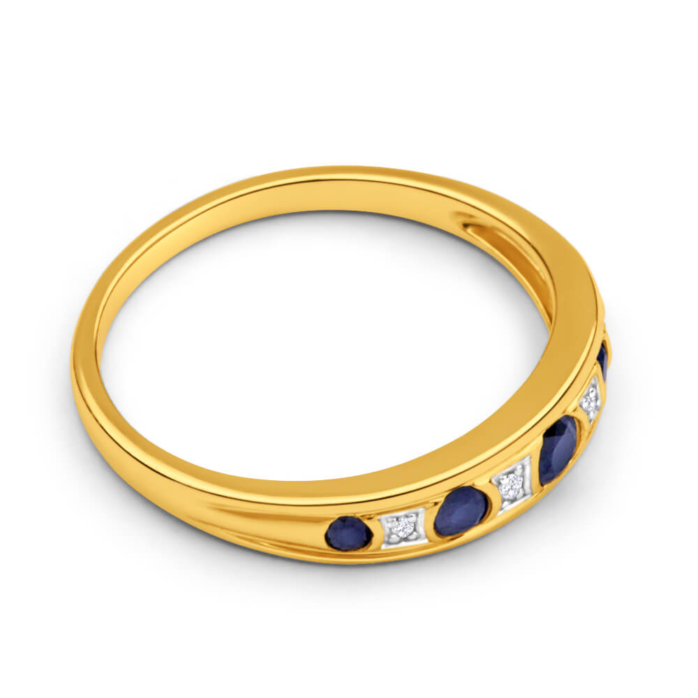 9ct Yellow Gold 5 Natural Sapphire and Diamond Ring for Women - Elegant Birthstone Jewelry Gift for Anniversary, Engagement or Special Occasions