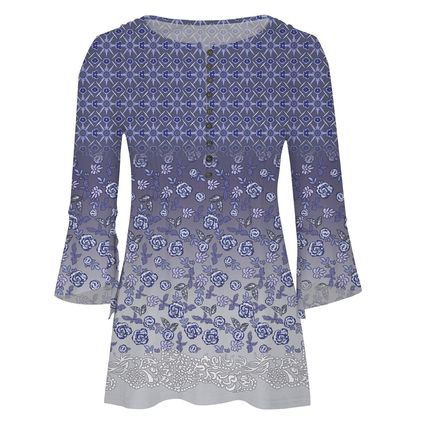 Trendy Women's Summer Tops - 3/4 Sleeve V-Neck Button-Up Tunic Blouse with Floral Pleated Design | Perfect for Beach Outings, Casual Wear & Office Attire